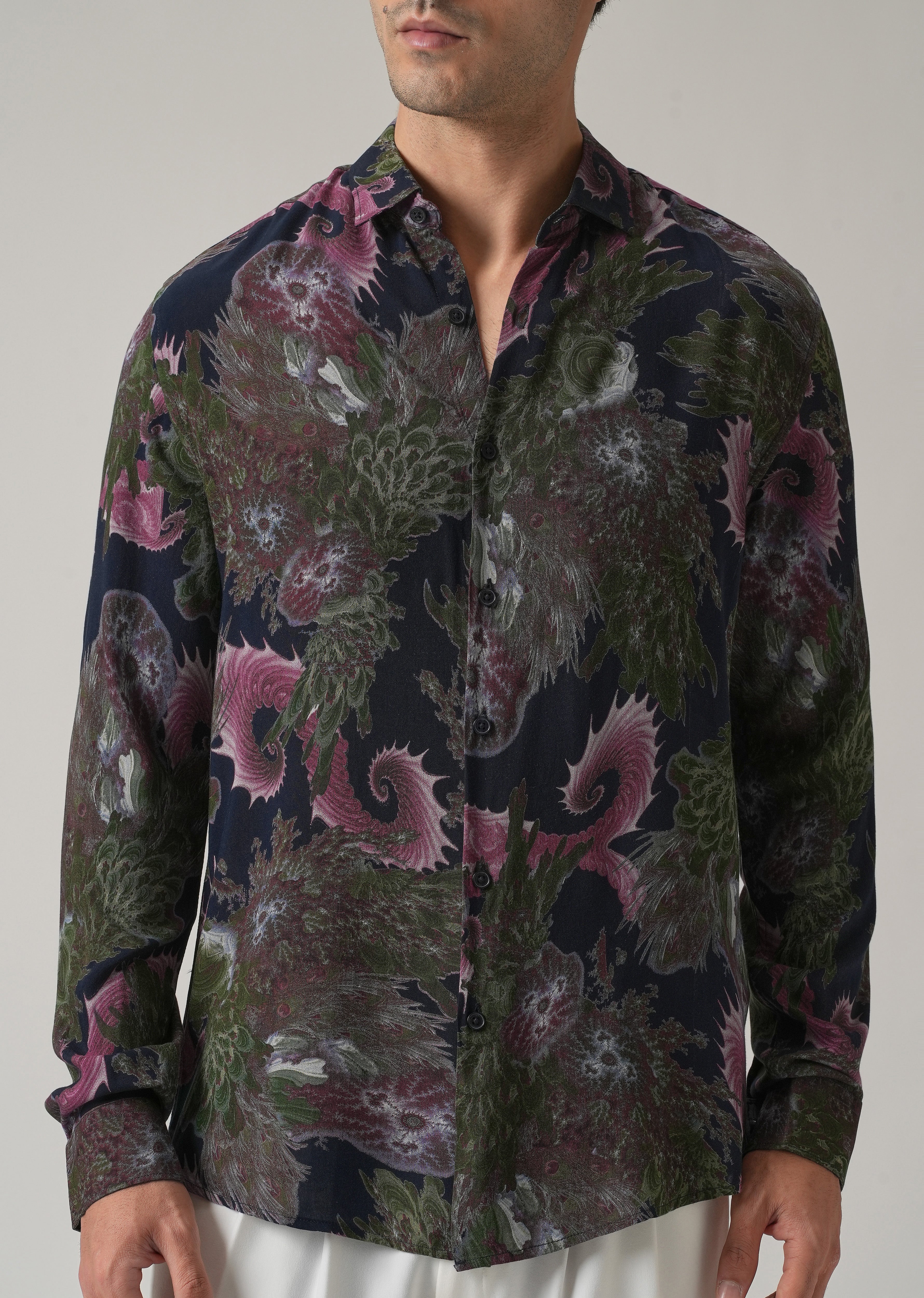 Blue Prickly Flora Print Feather Shirt - Image 7