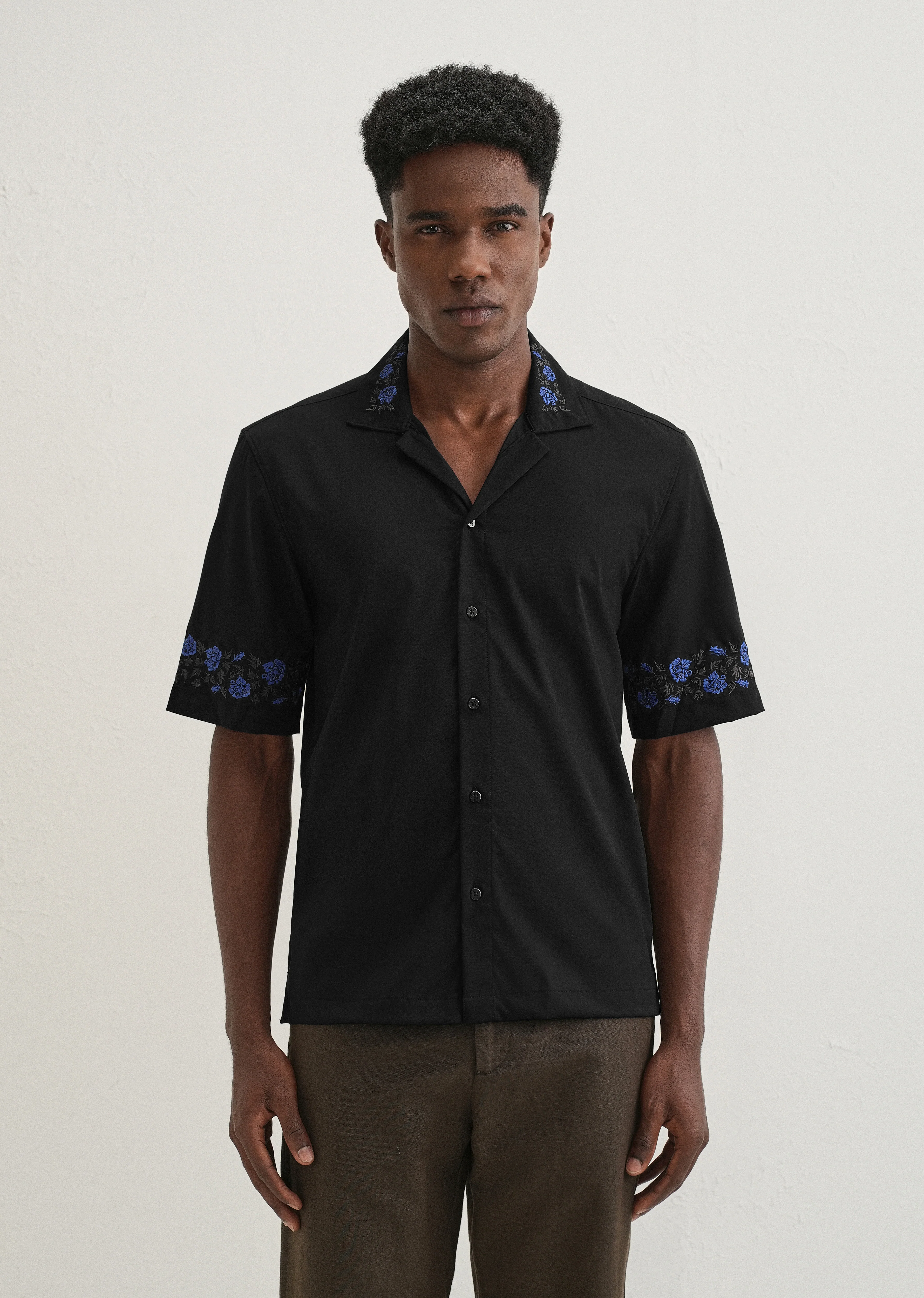 Blue Rose Embroidery Black Shirt - Image 2