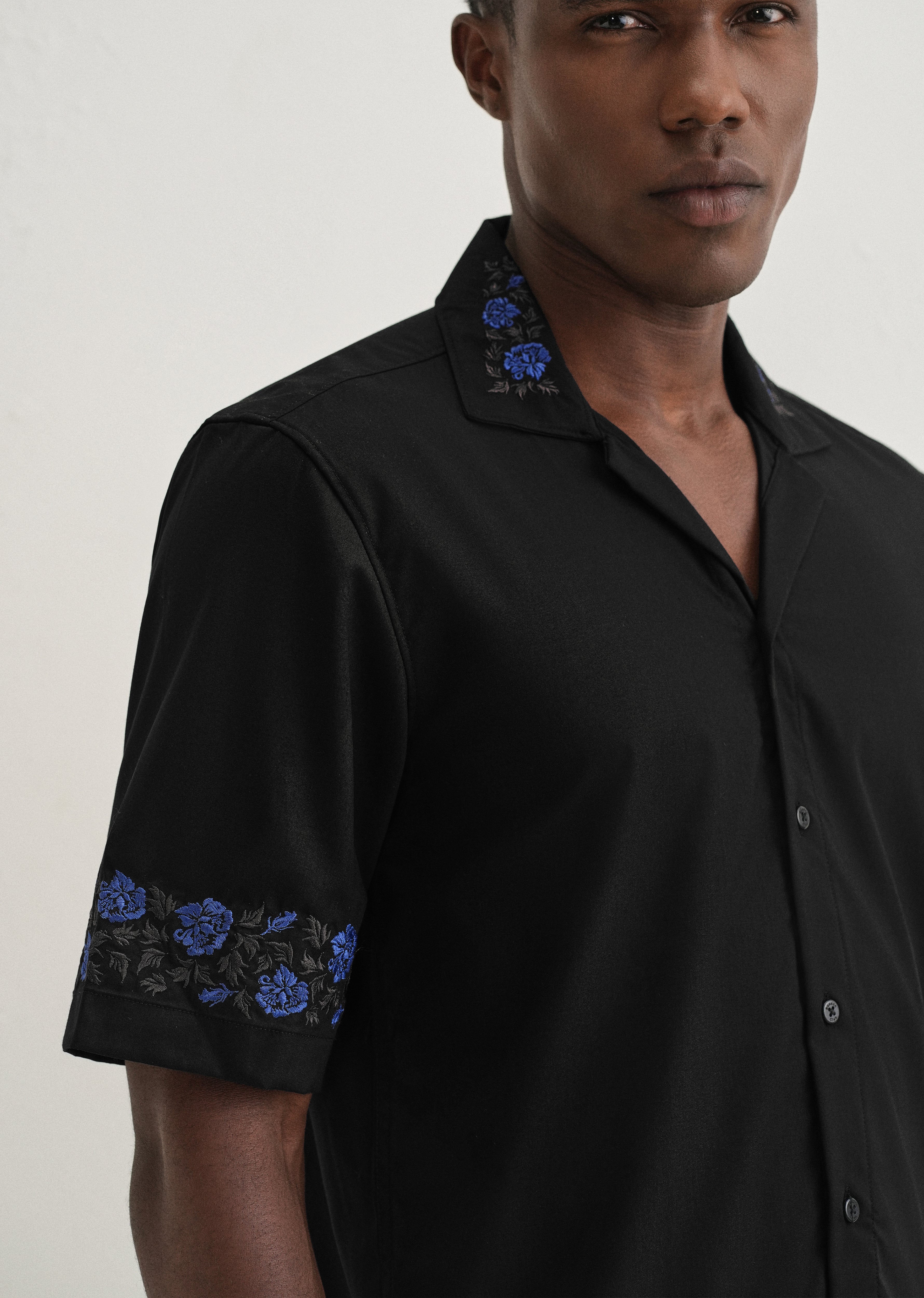 Blue Rose Embroidery Black Shirt - Image 5
