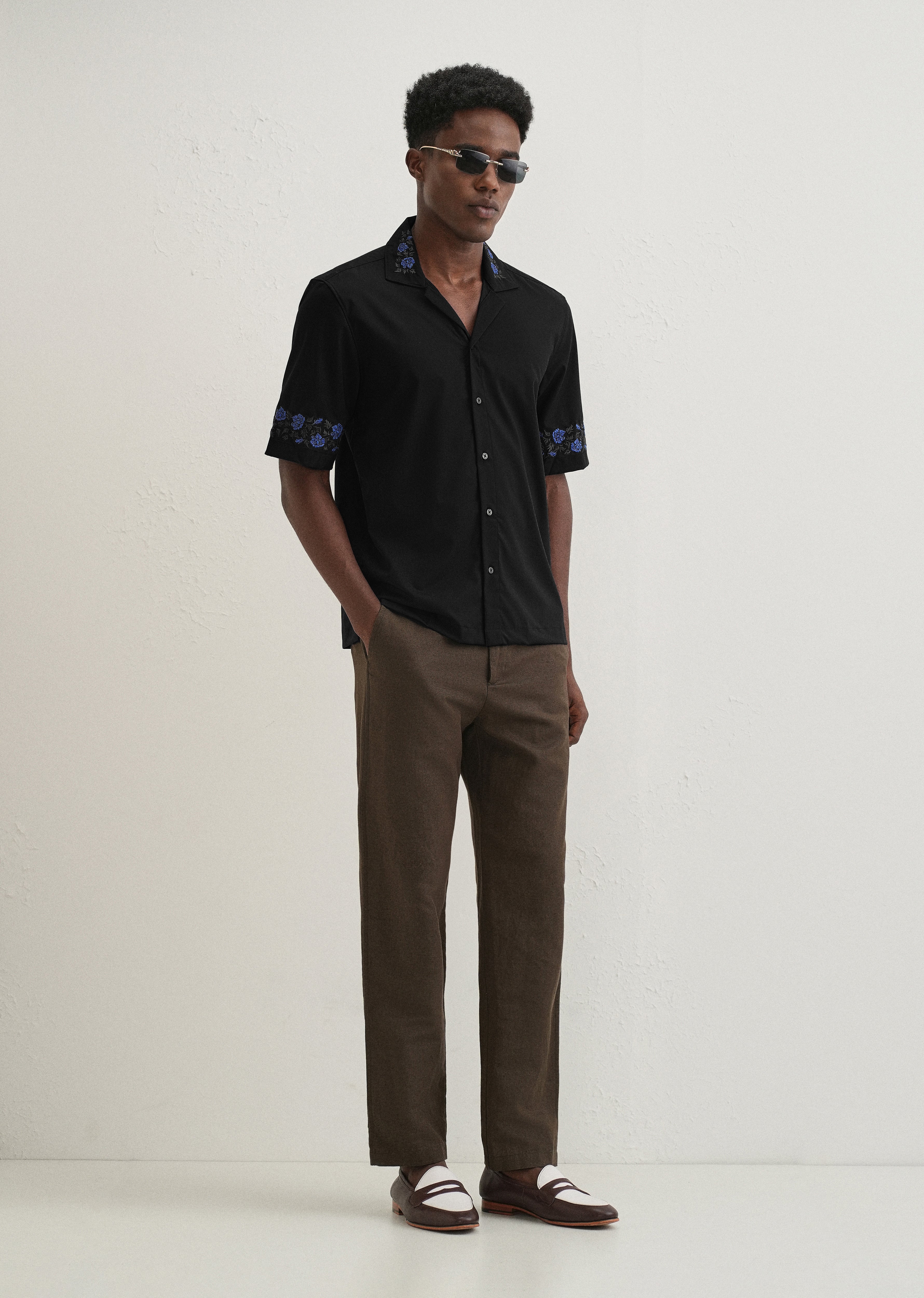 Blue Rose Embroidery Black Shirt - Image 6