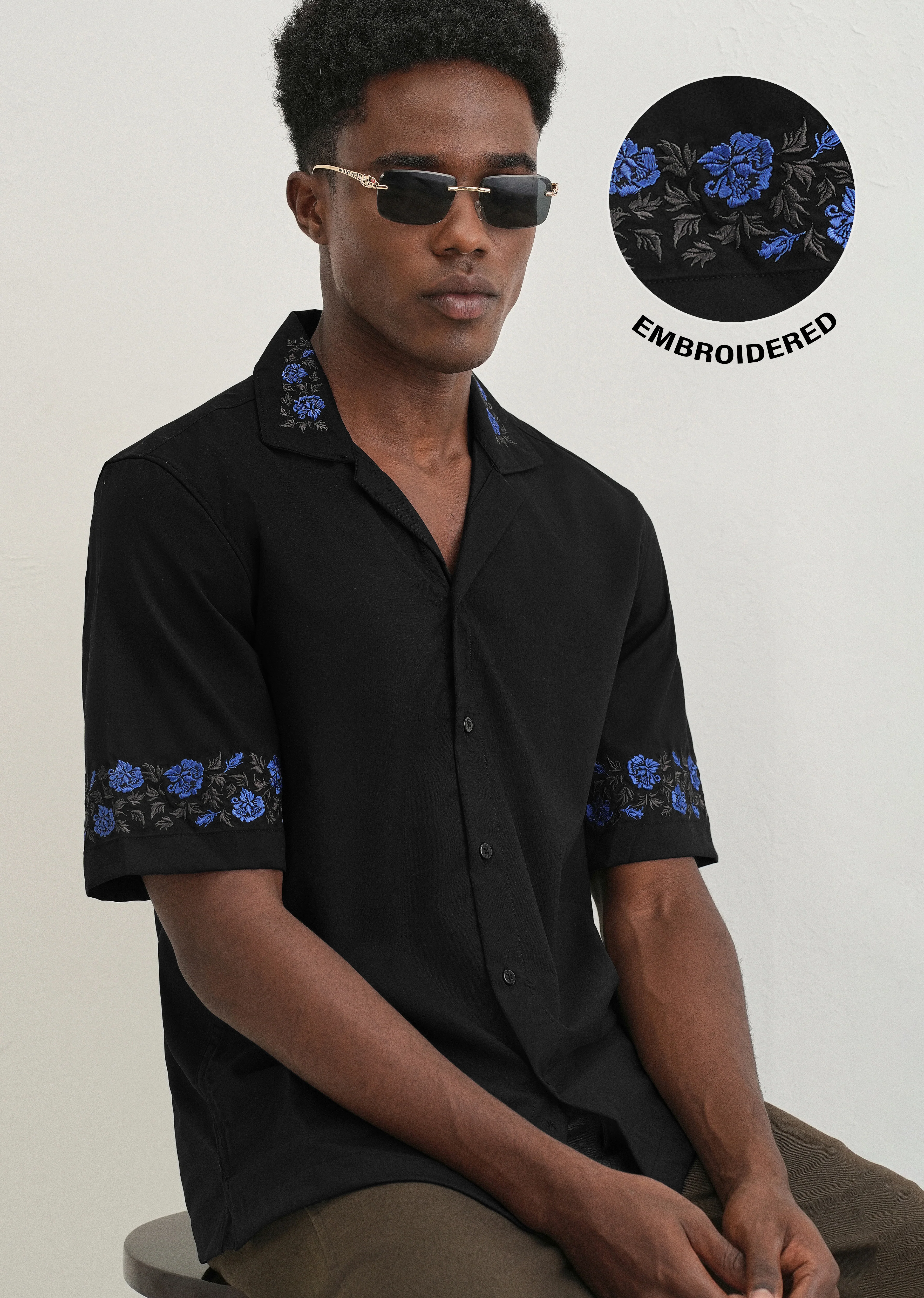 Blue Rose Embroidery Black Shirt - Image 7
