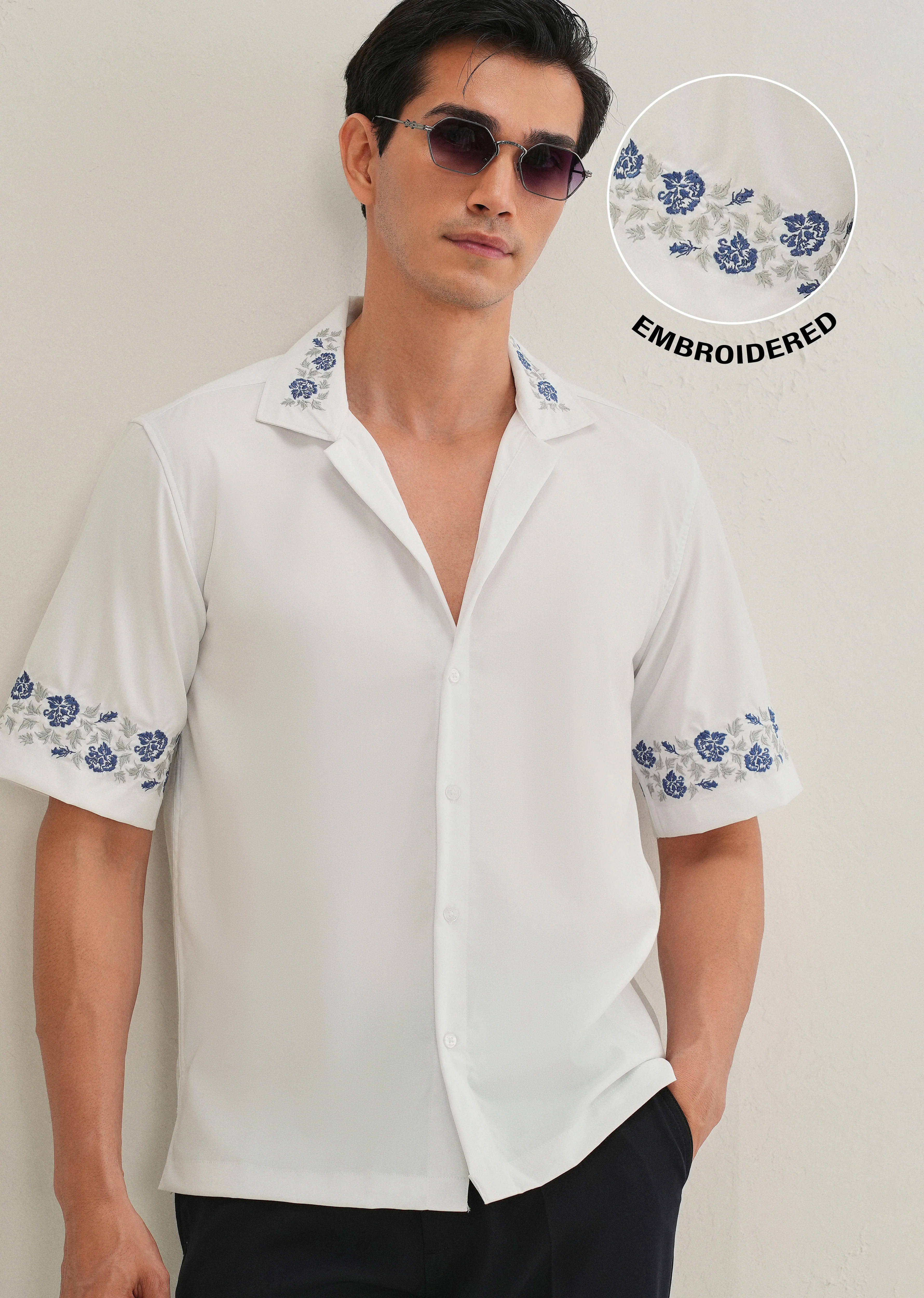 Blue Rose Embroidery White Shirt - Image 7