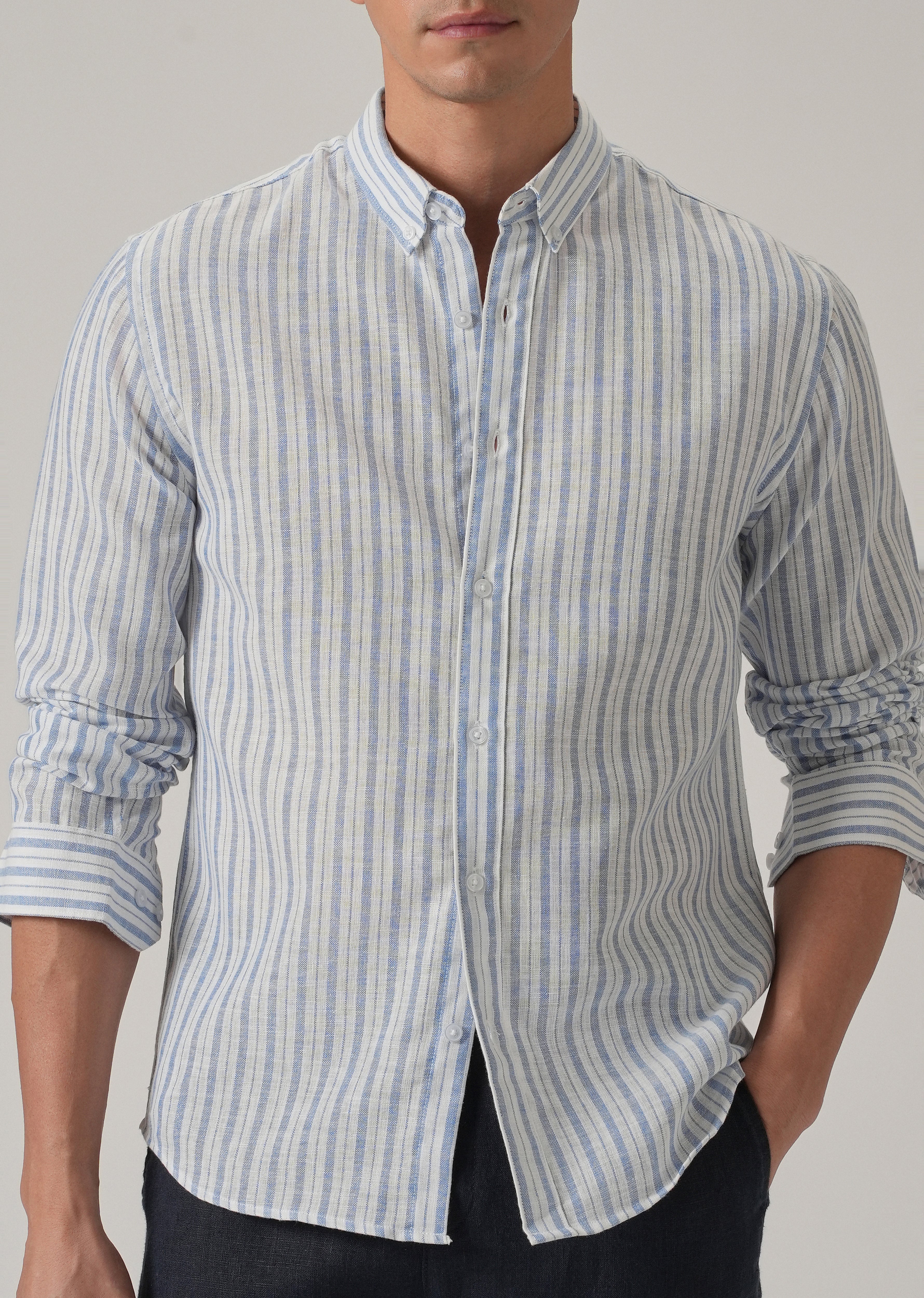Blue Stripe Linen Shirt - Image 8