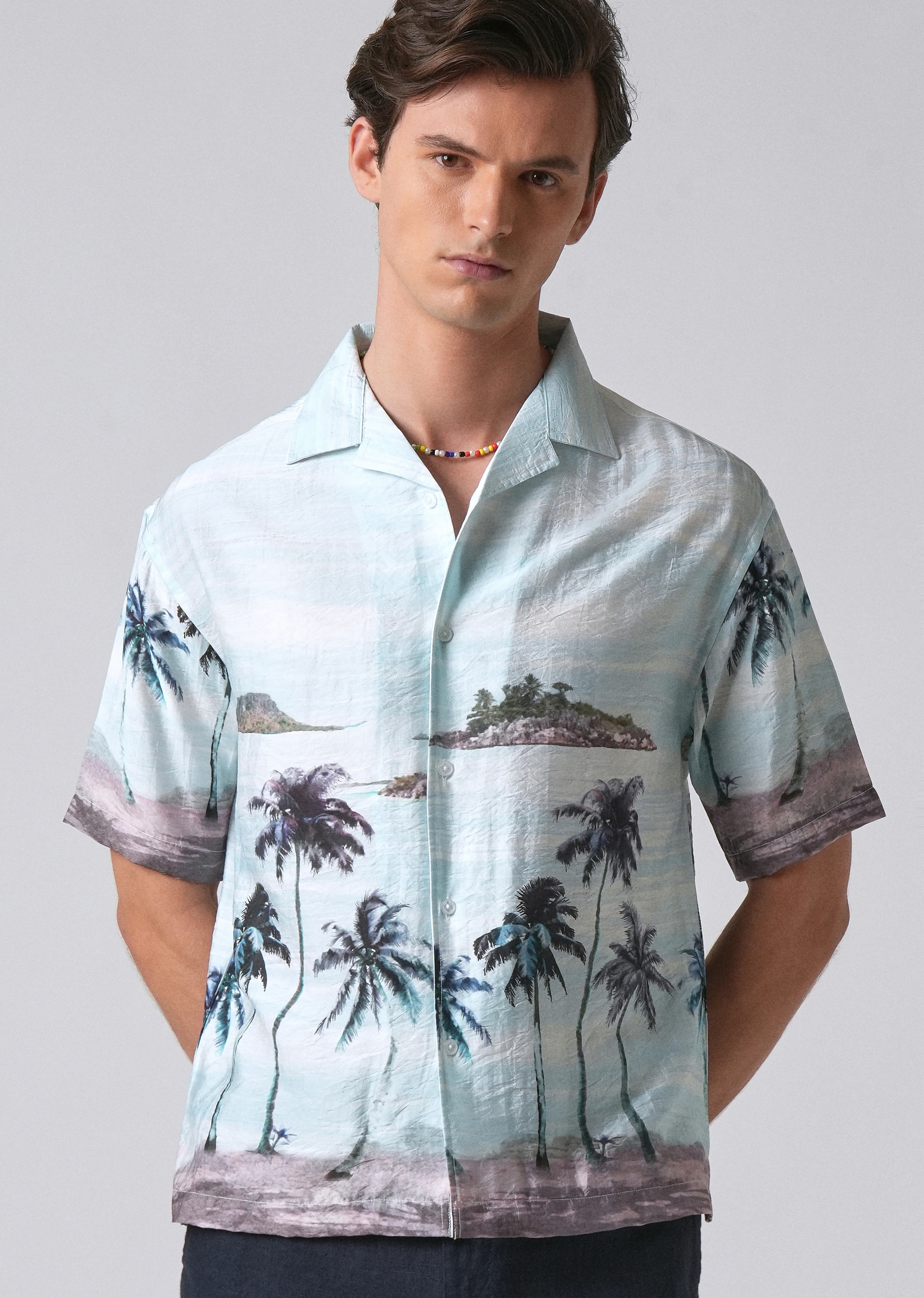Blue Tropical Palm Print Shirt - Image 7