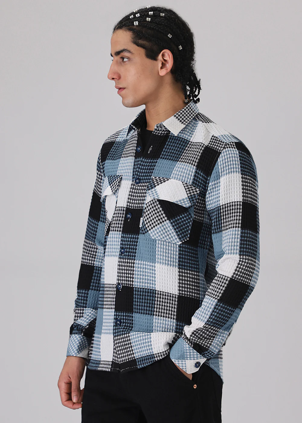 Blue Waffle Plaid Check Shirt - Image 6