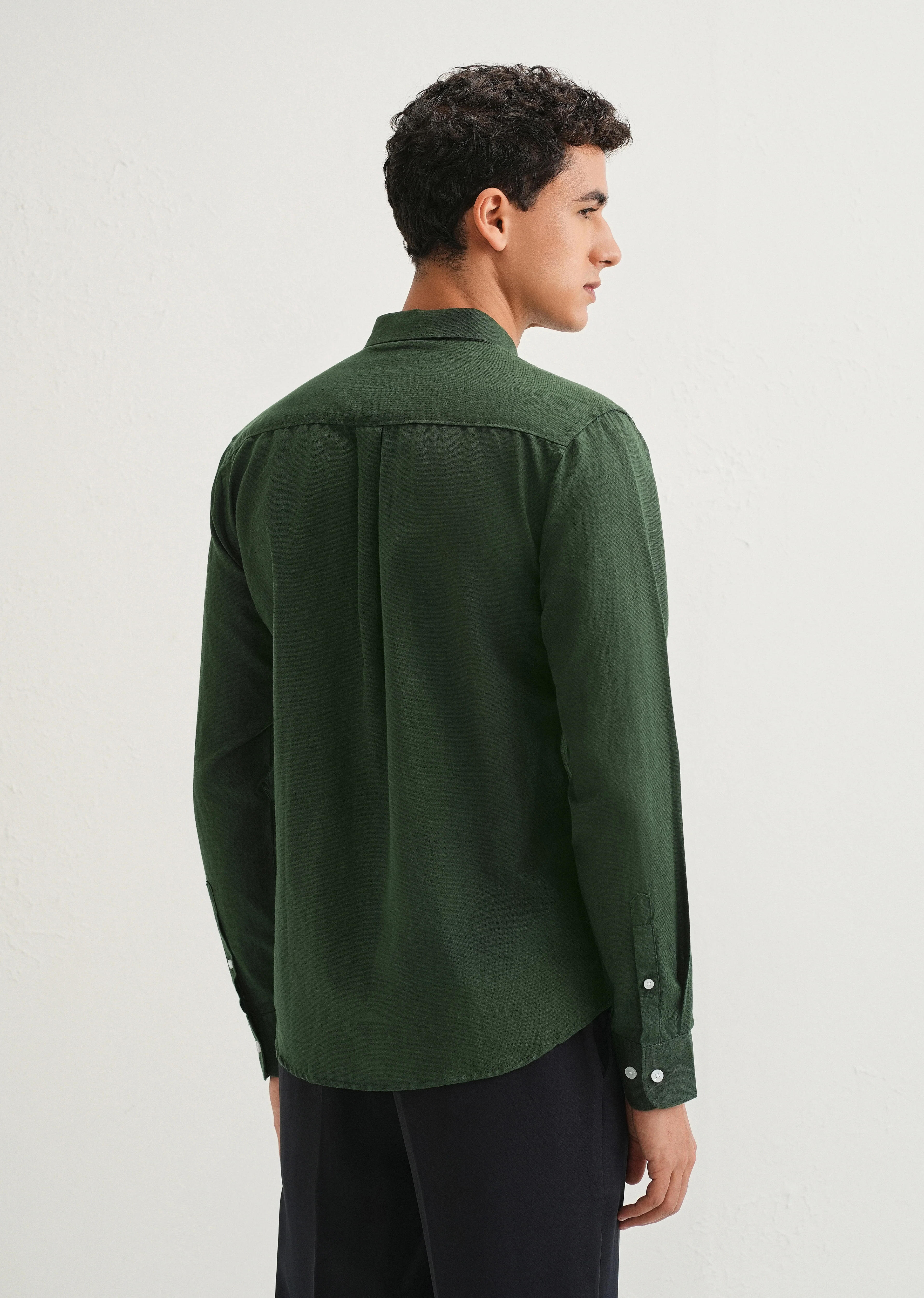 Bottle Green Cotton Linen Shirt - Image 3