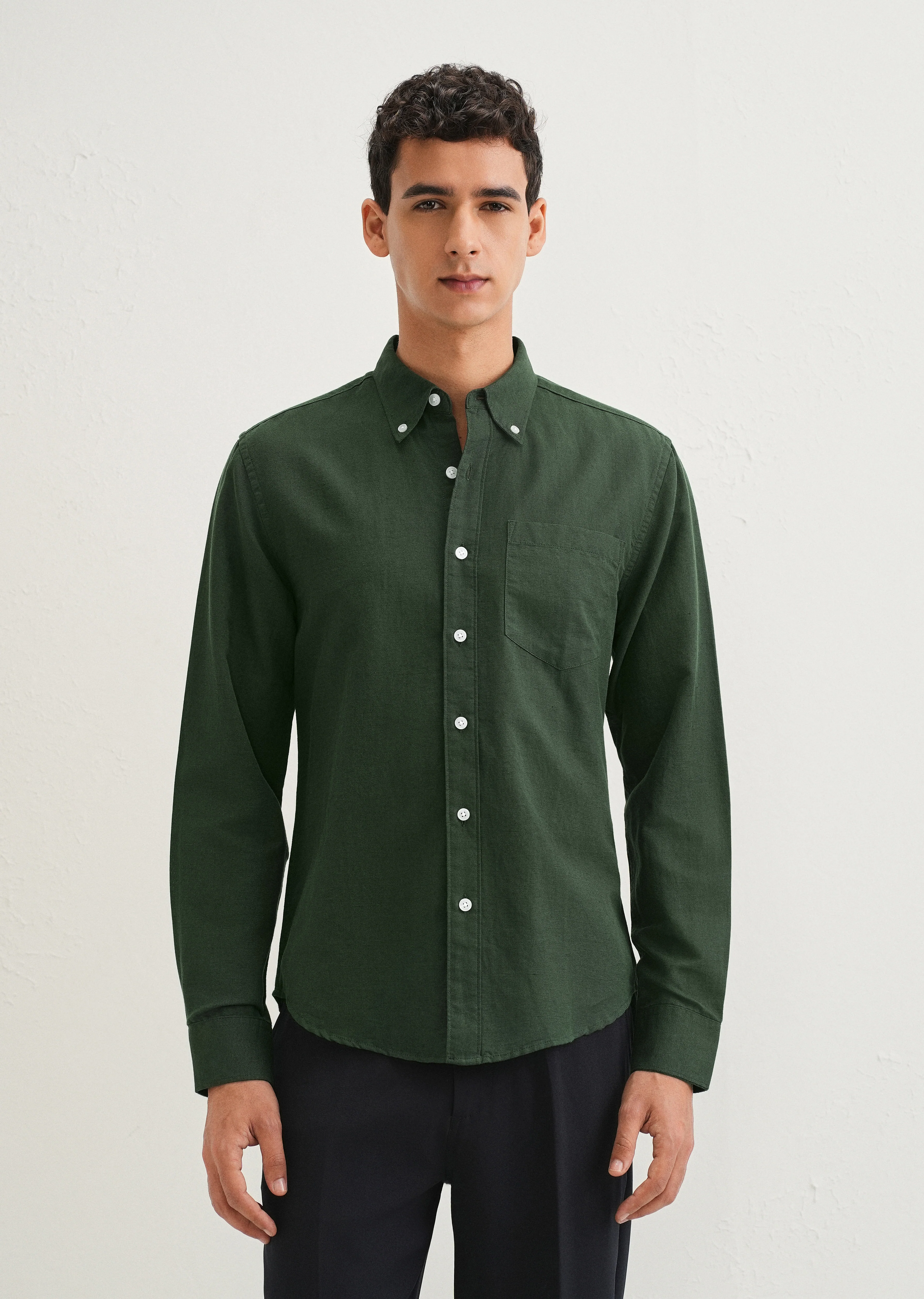 Bottle Green Cotton Linen Shirt - Image 4