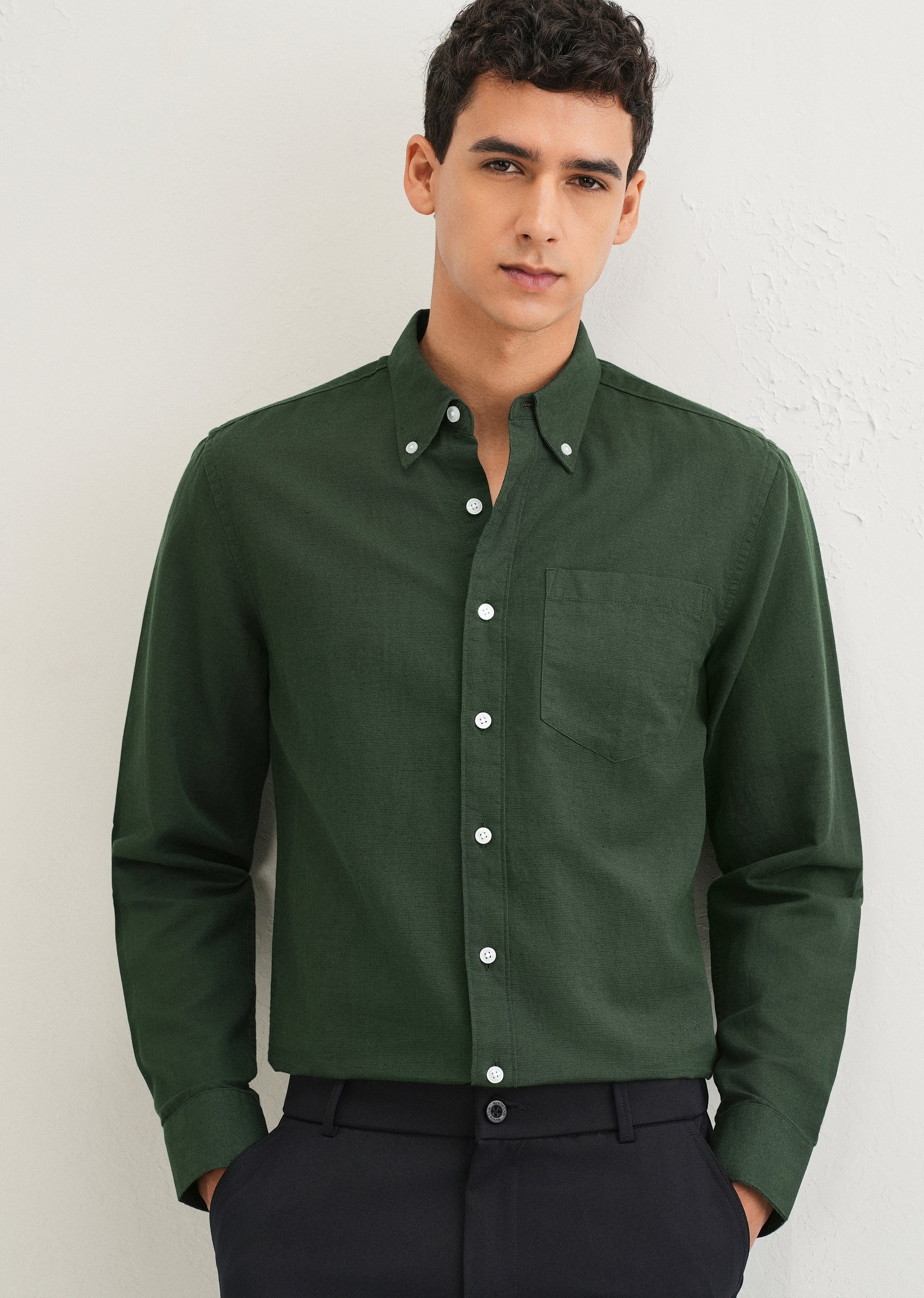 Bottle Green Cotton Linen Shirt - Image 7