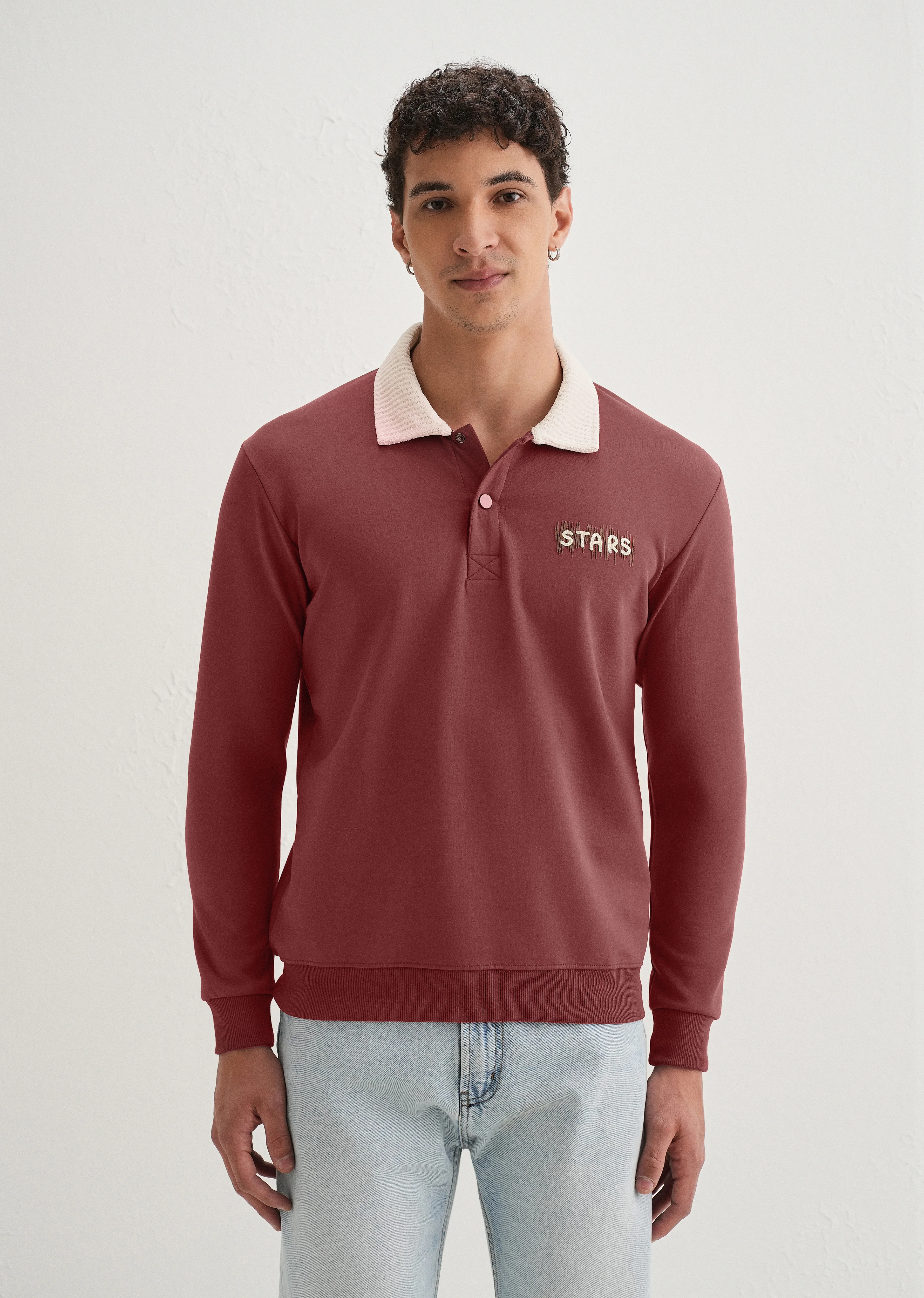 Brick Red Suede Collared Polo Sweatshirt - Image 3
