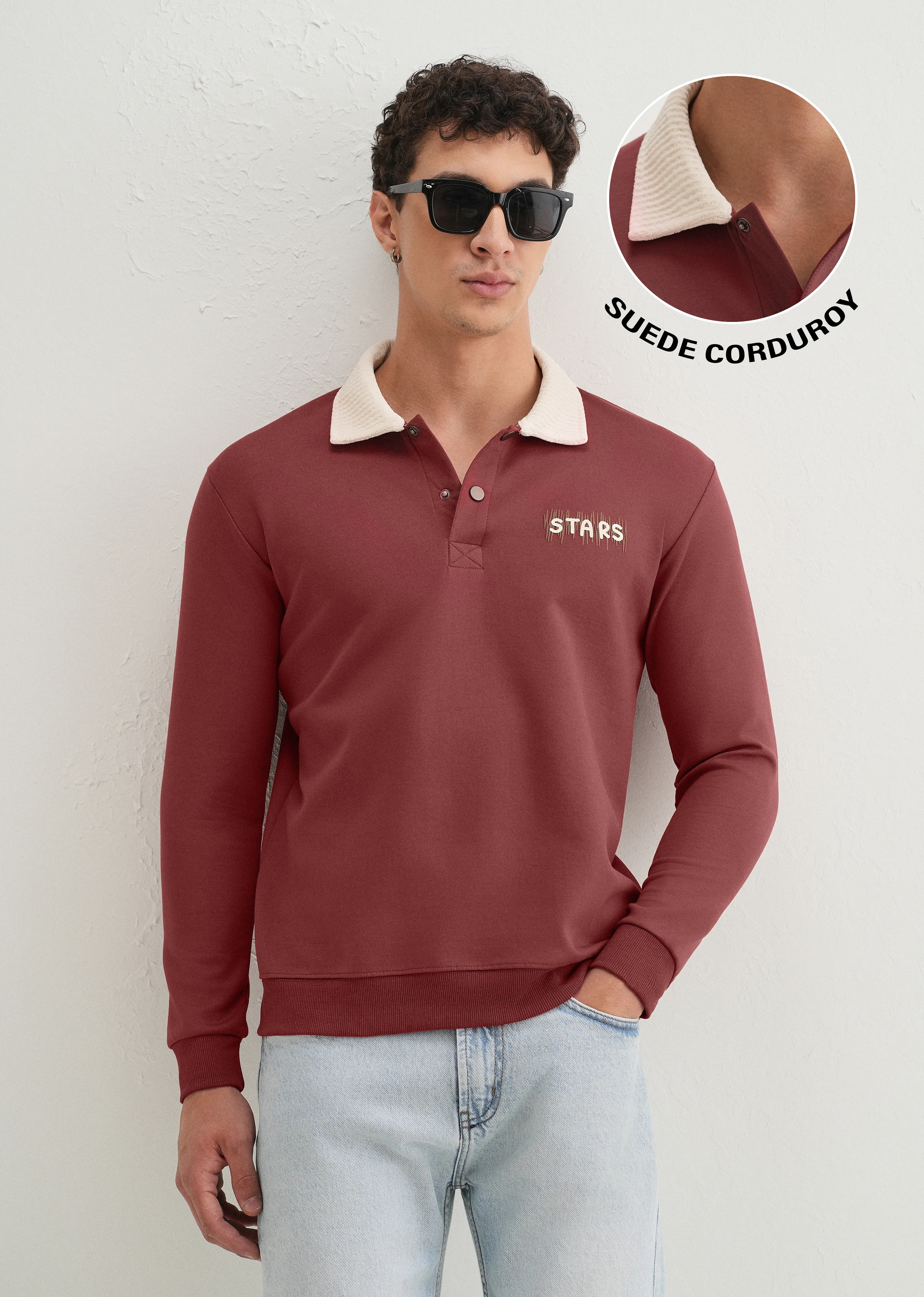 Brick Red Suede Collared Polo Sweatshirt - Image 7