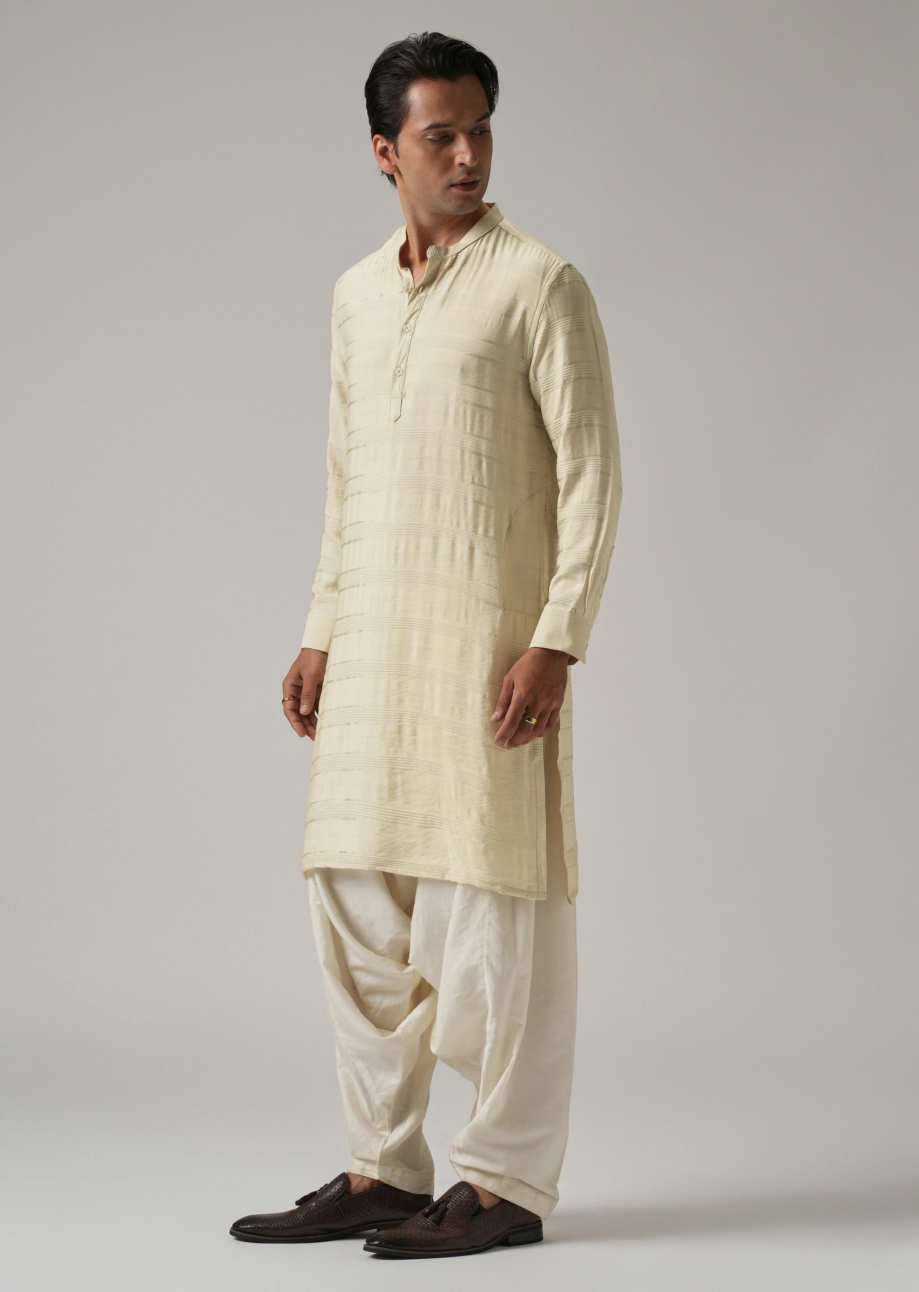 Bright Cream Nylon Stripe Kurta - Image 4