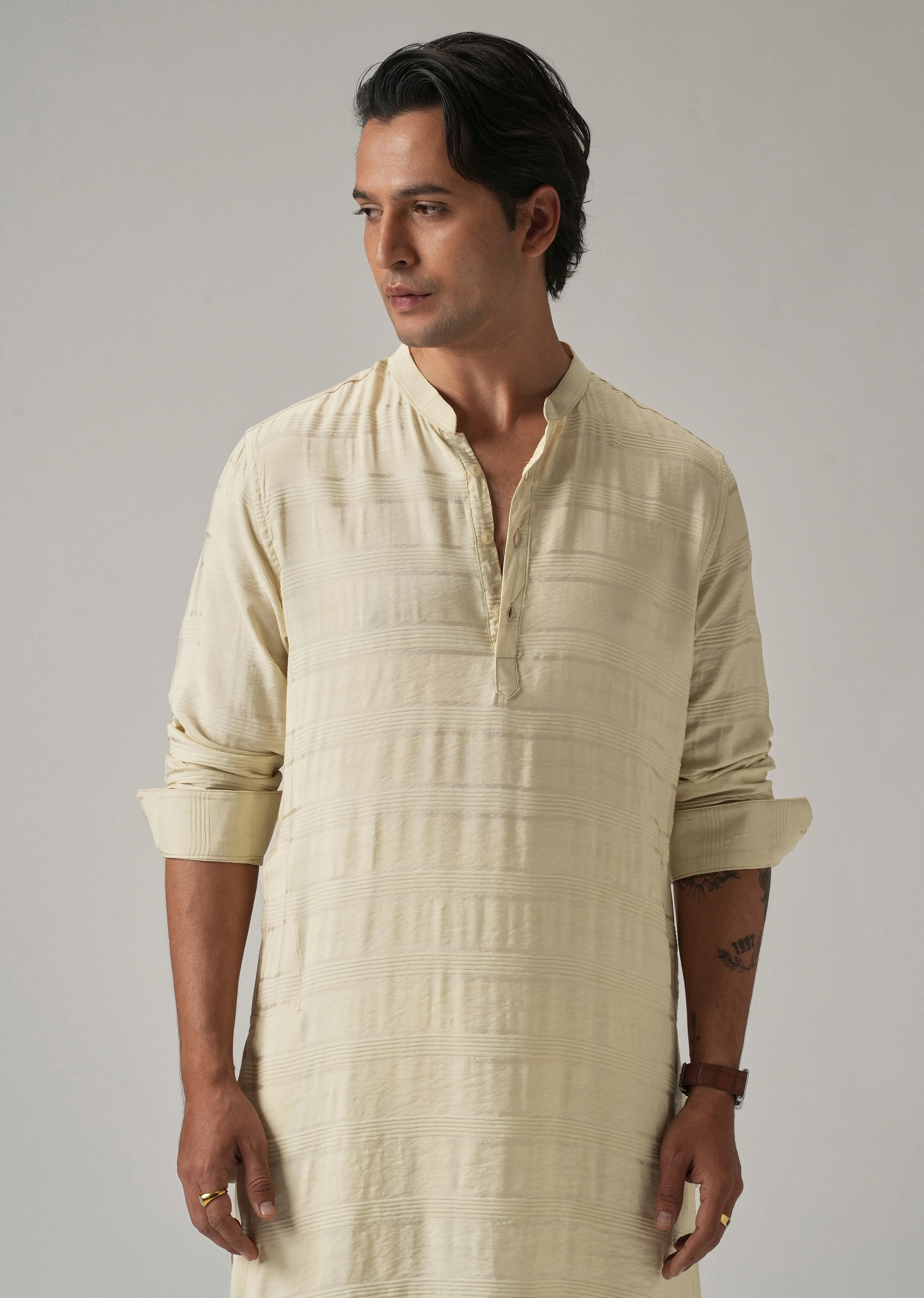 Bright Cream Nylon Stripe Kurta - Image 6
