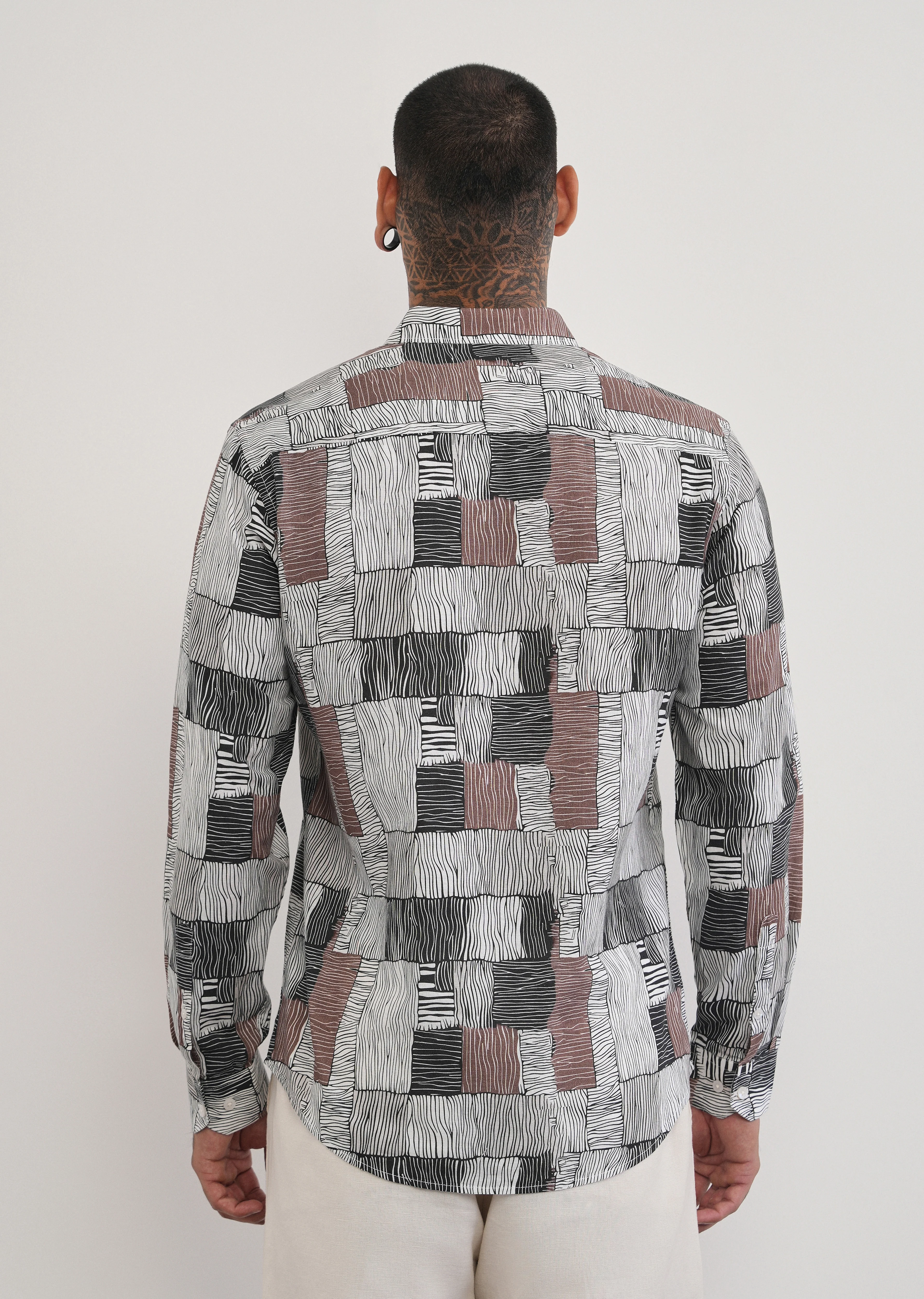 Brown Abstract Print Cotton Linen Shirt - Image 2