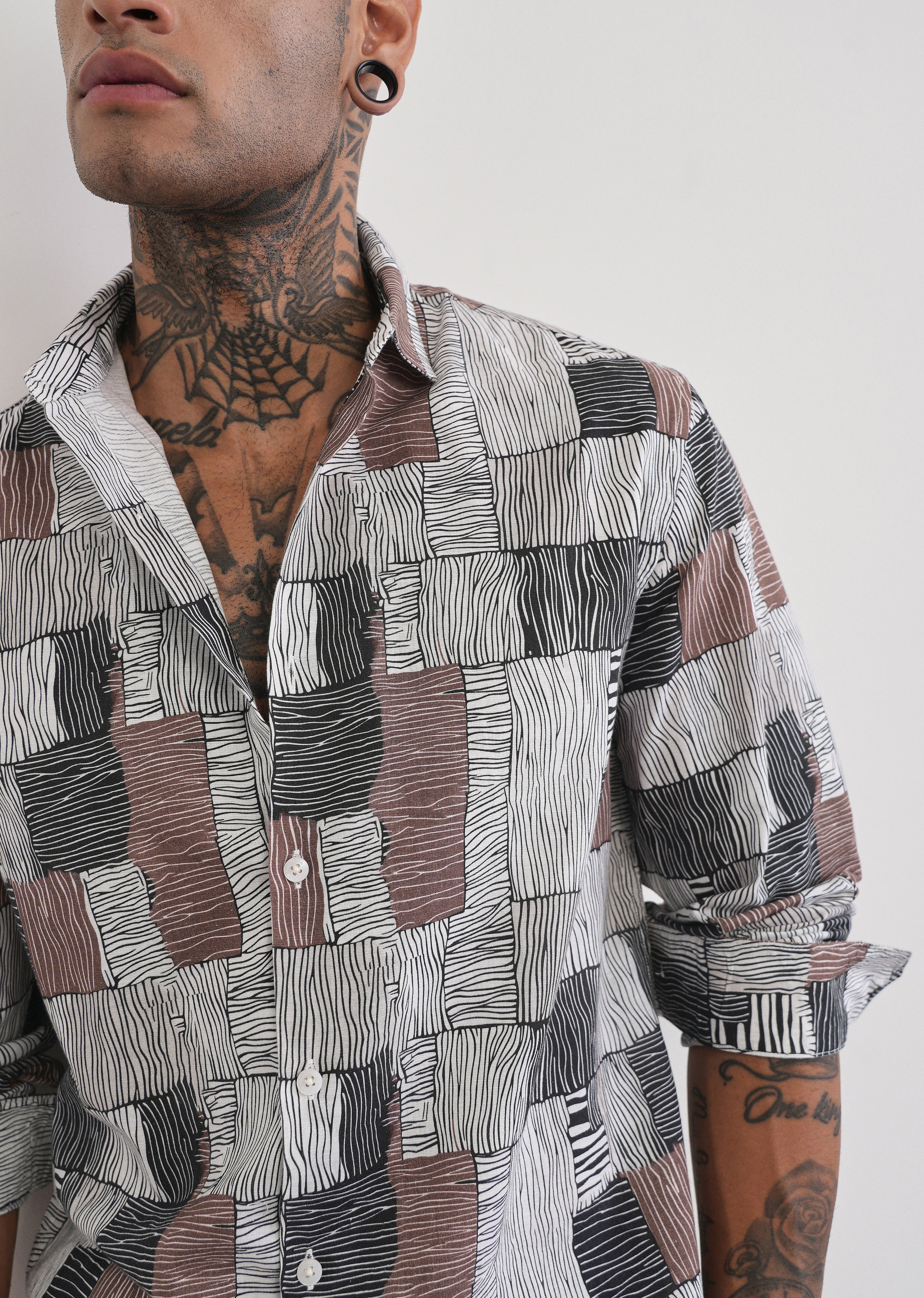 Brown Abstract Print Cotton Linen Shirt - Image 5