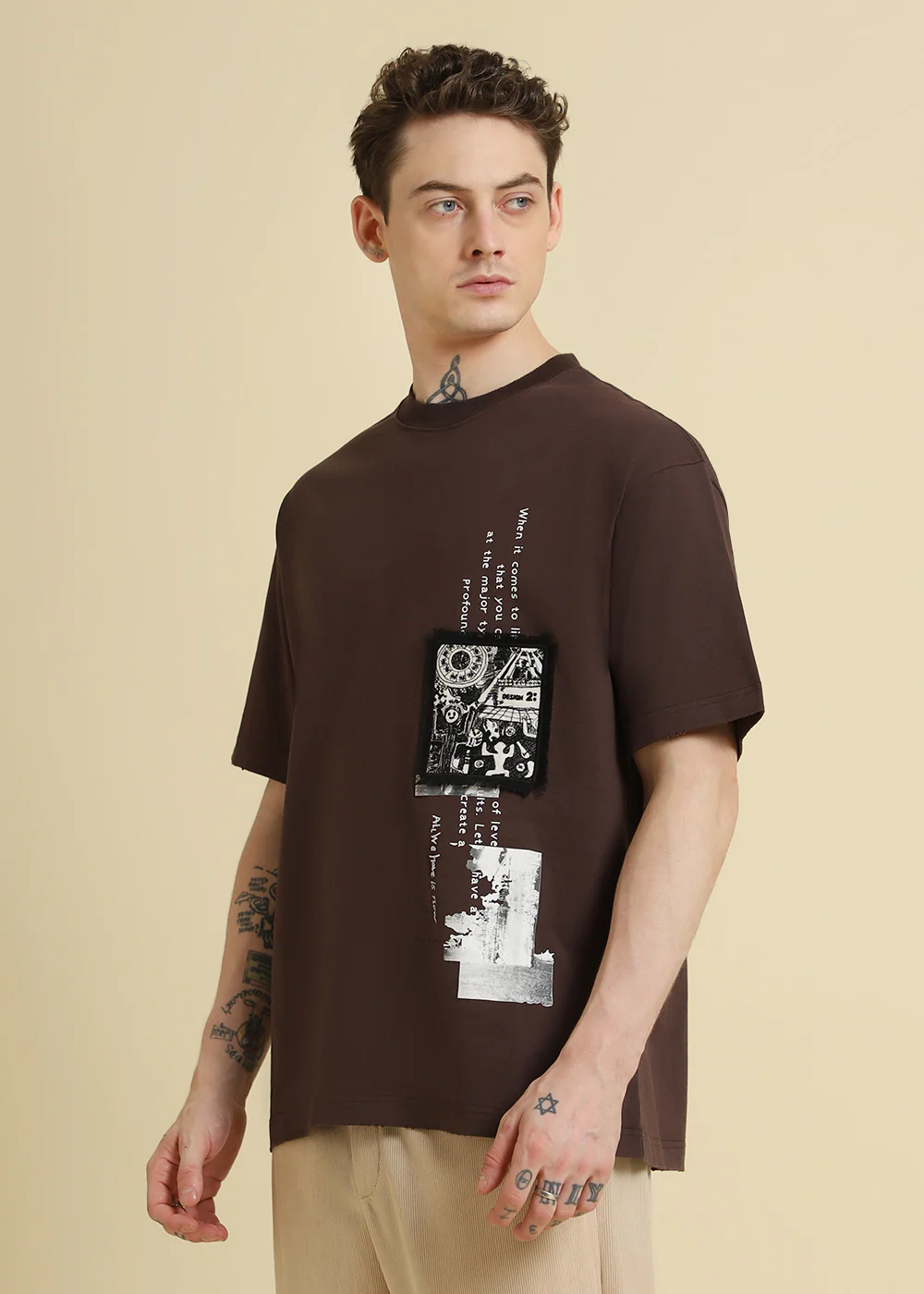 Brown Applique Printed Oversized T-shirt - Image 5