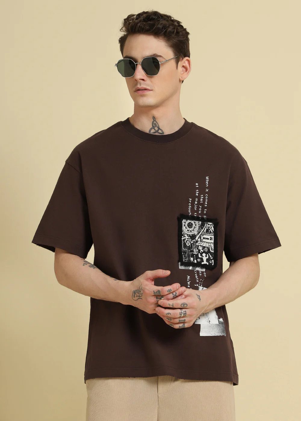 Brown Applique Printed Oversized T-shirt - Image 7