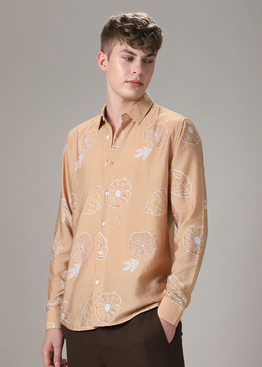 Brown Beige Floral Print Shirt - Image 5