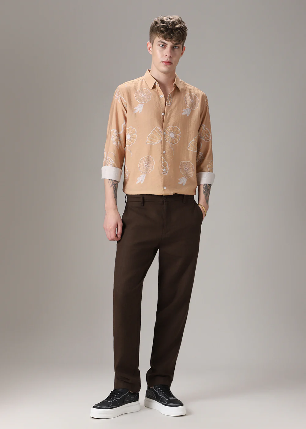 Brown Beige Floral Print Shirt - Image 6