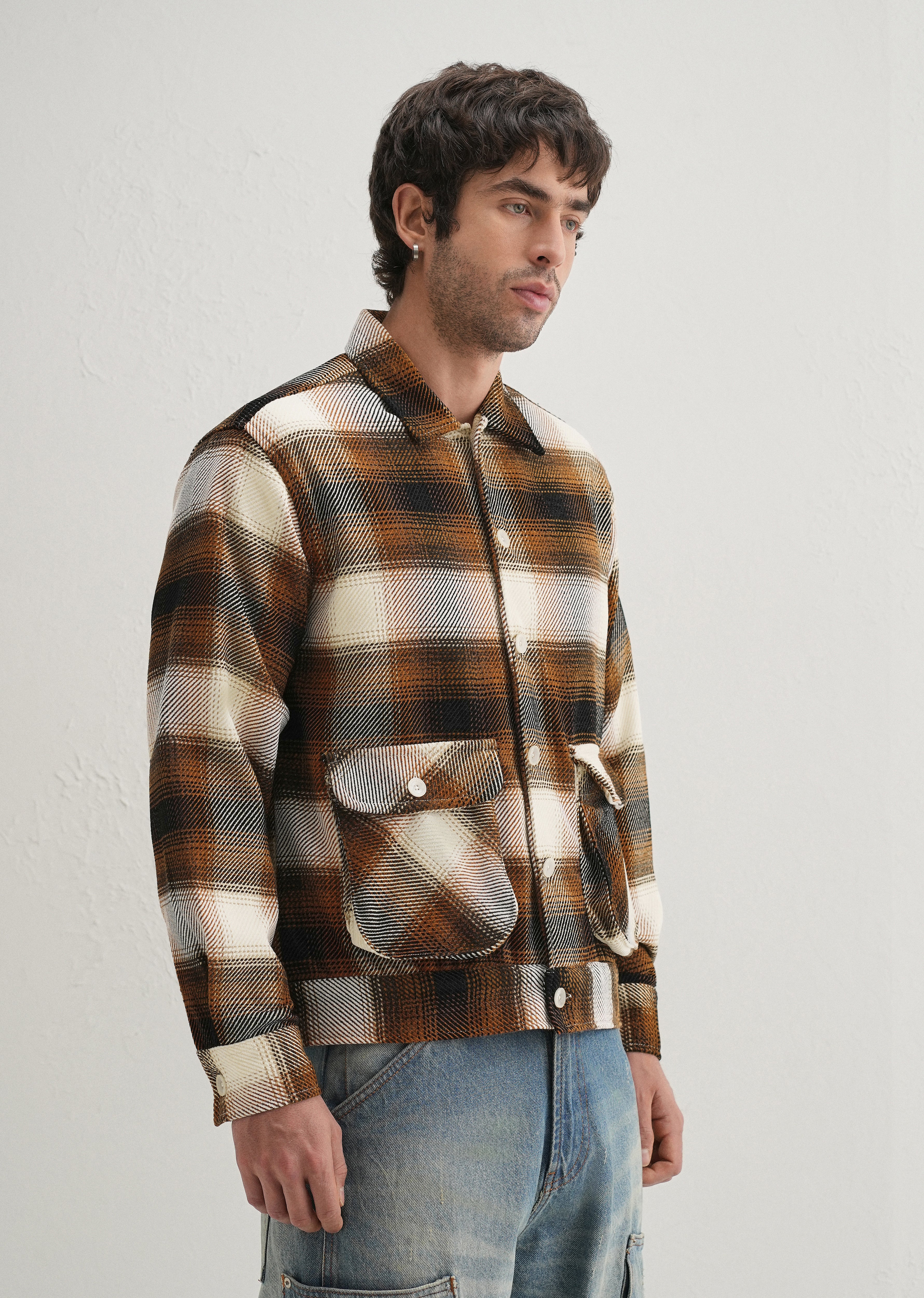 Brown Brushed Check Utility Shacket - Image 6