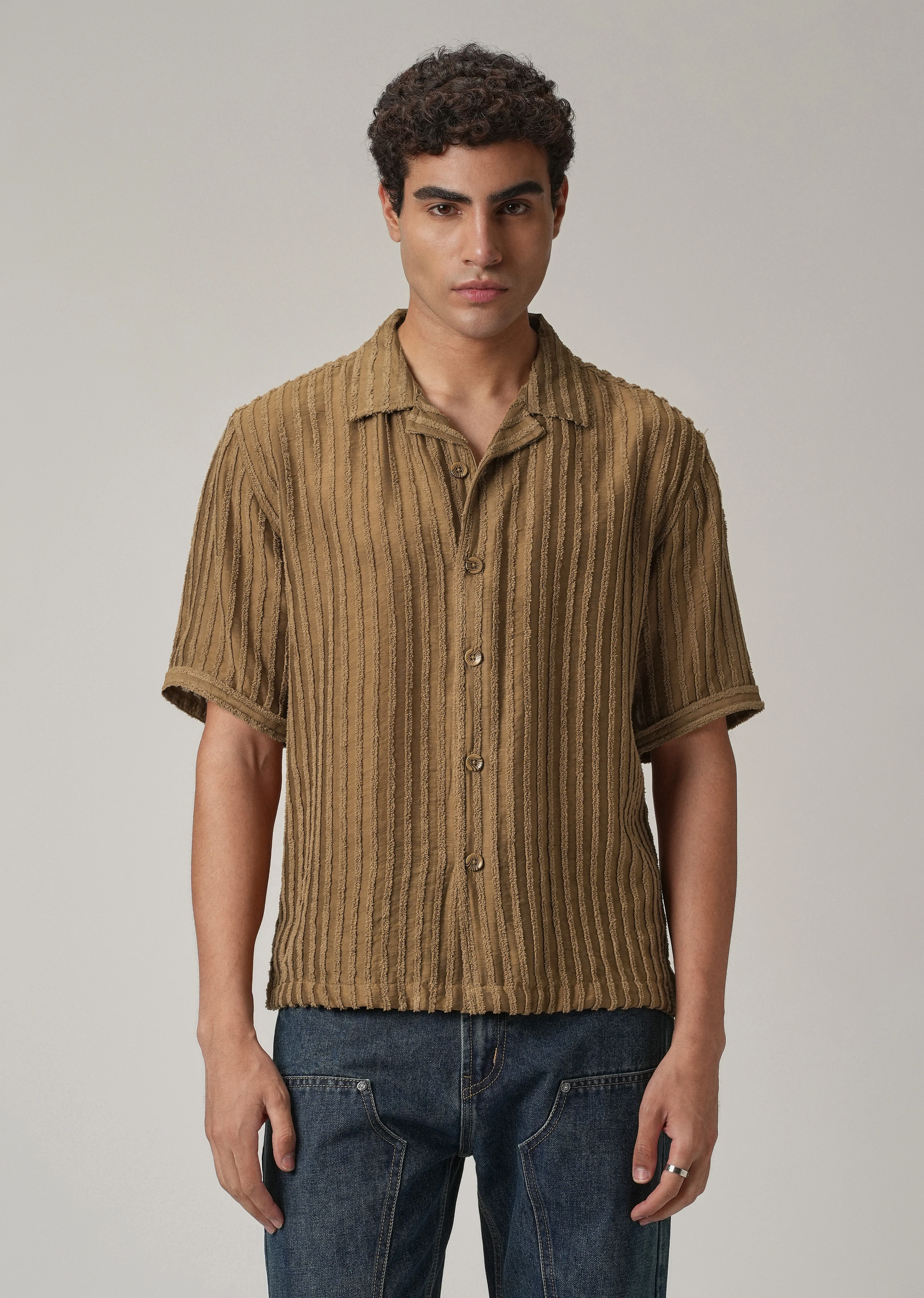 Brown Clip Jacquard Stripe Shirt - Image 3