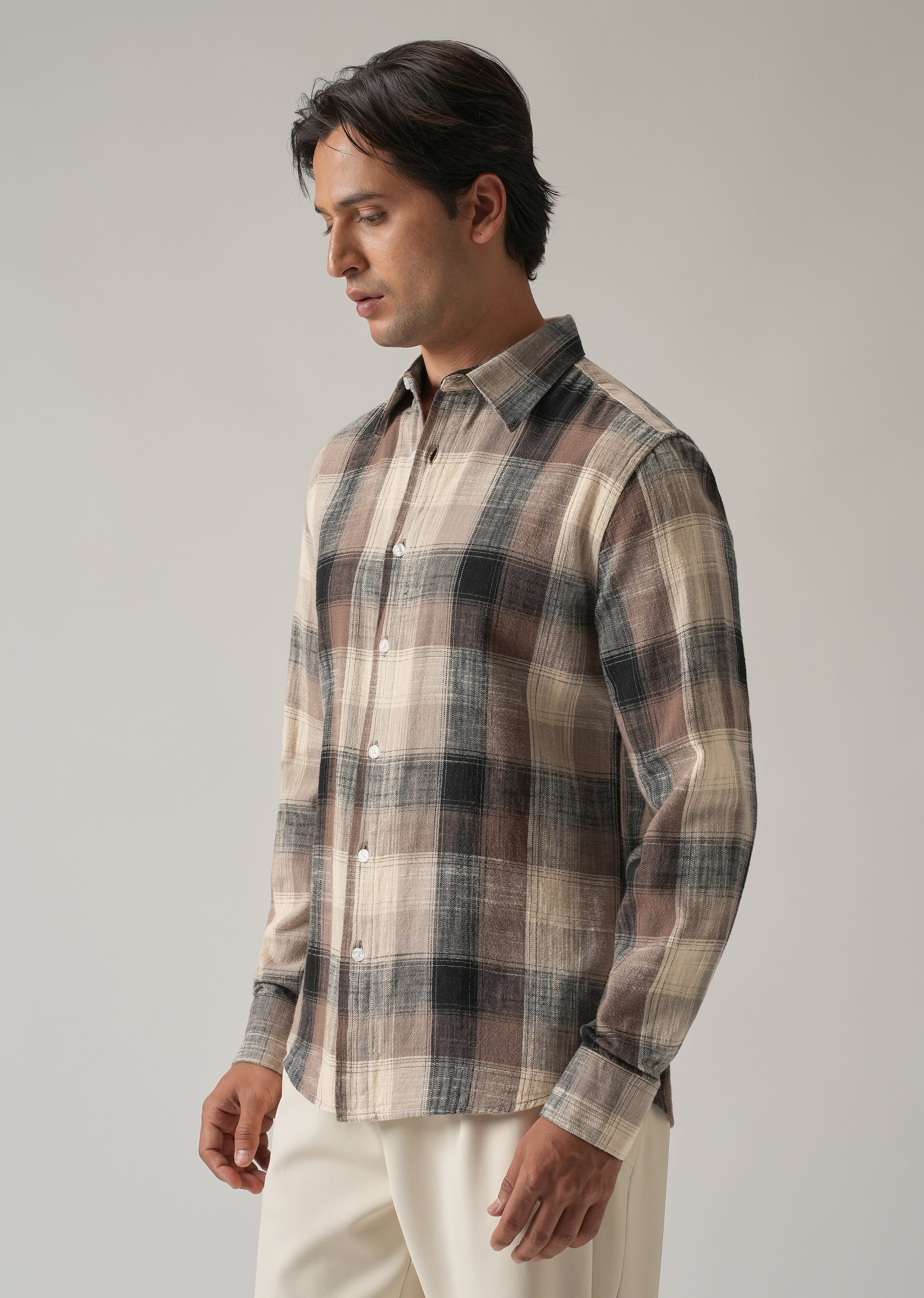 Brown Cotton Linen Box Check shirt - Image 4