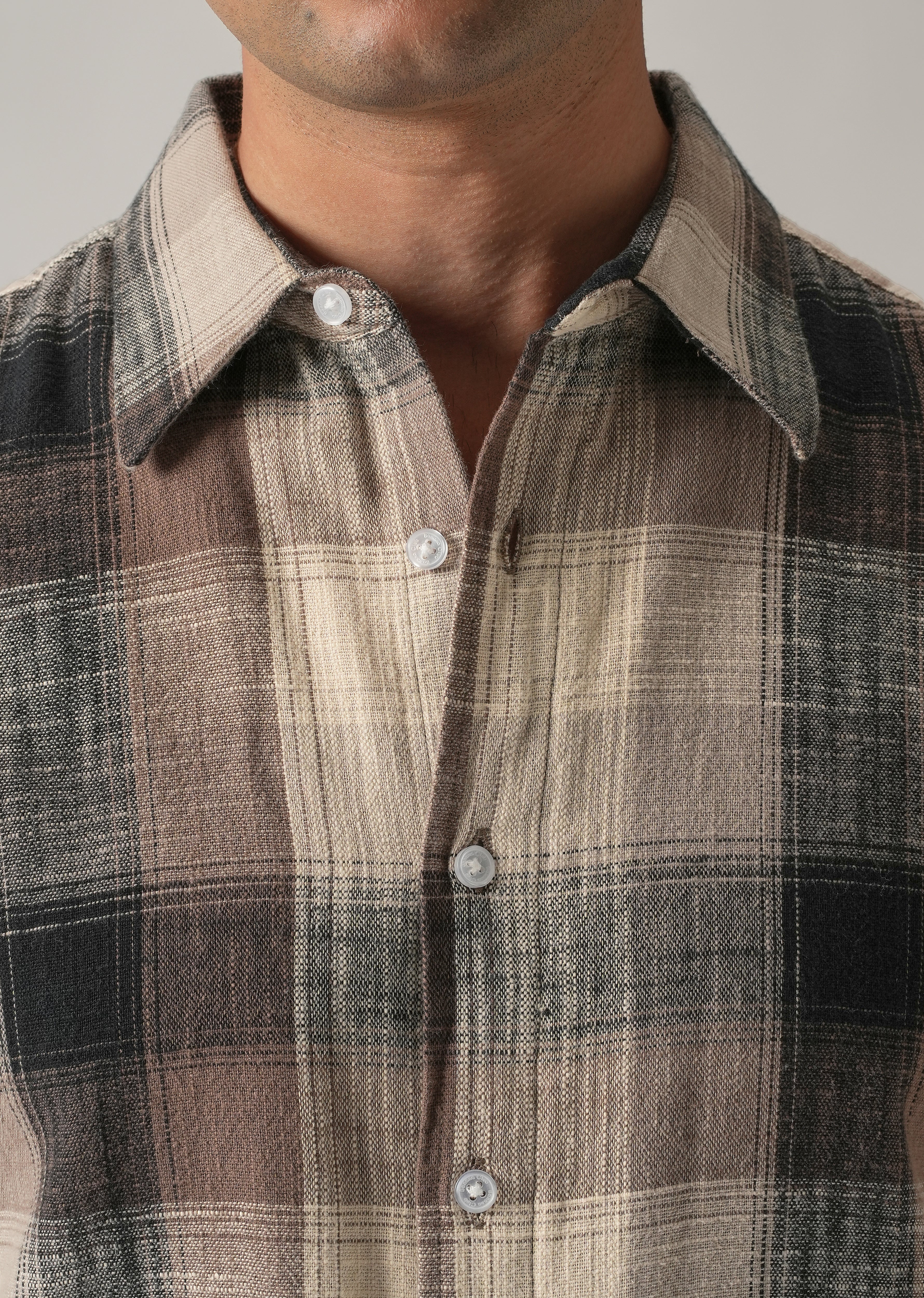 Brown Cotton Linen Box Check shirt - Image 5