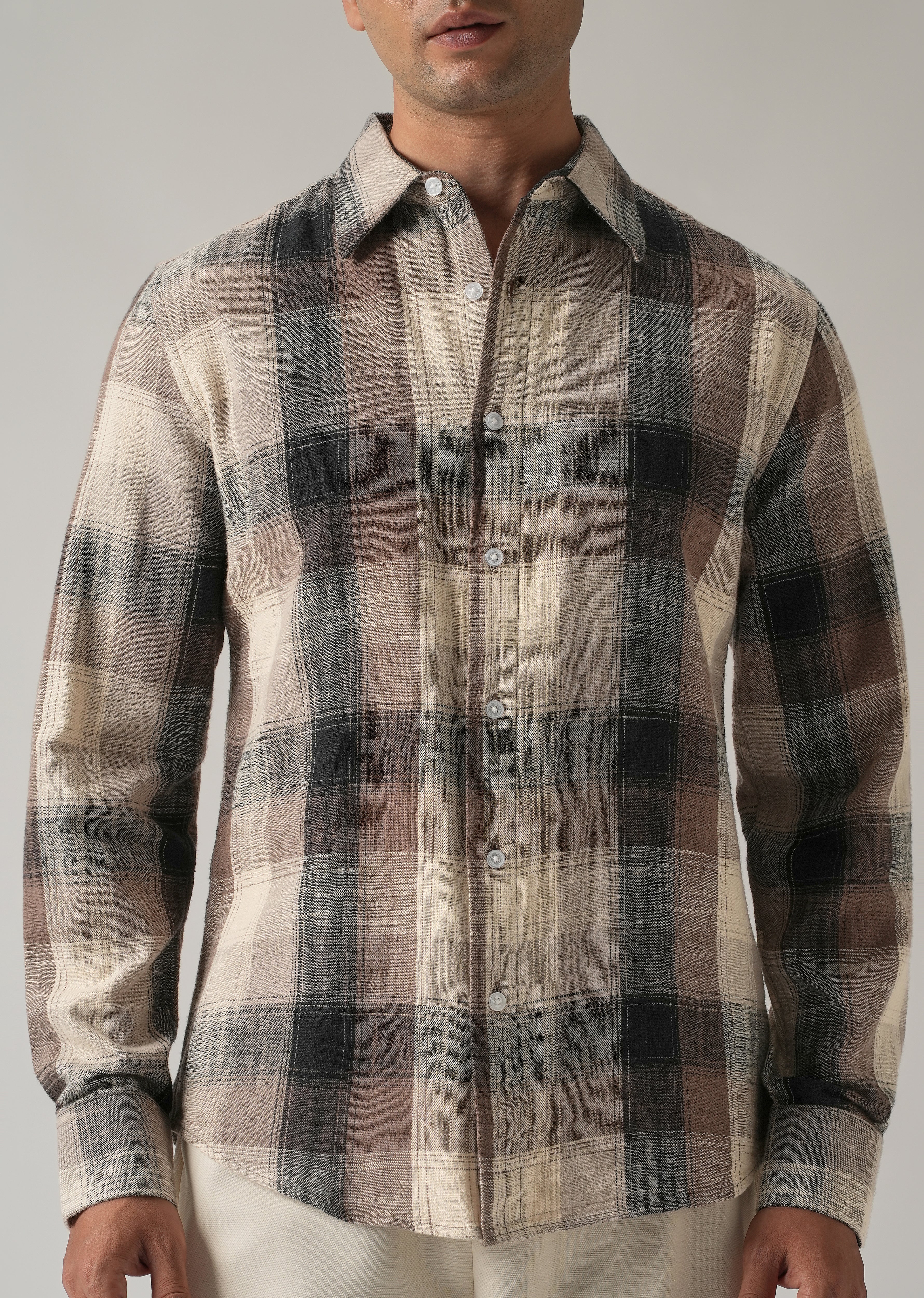 Brown Cotton Linen Box Check shirt - Image 7