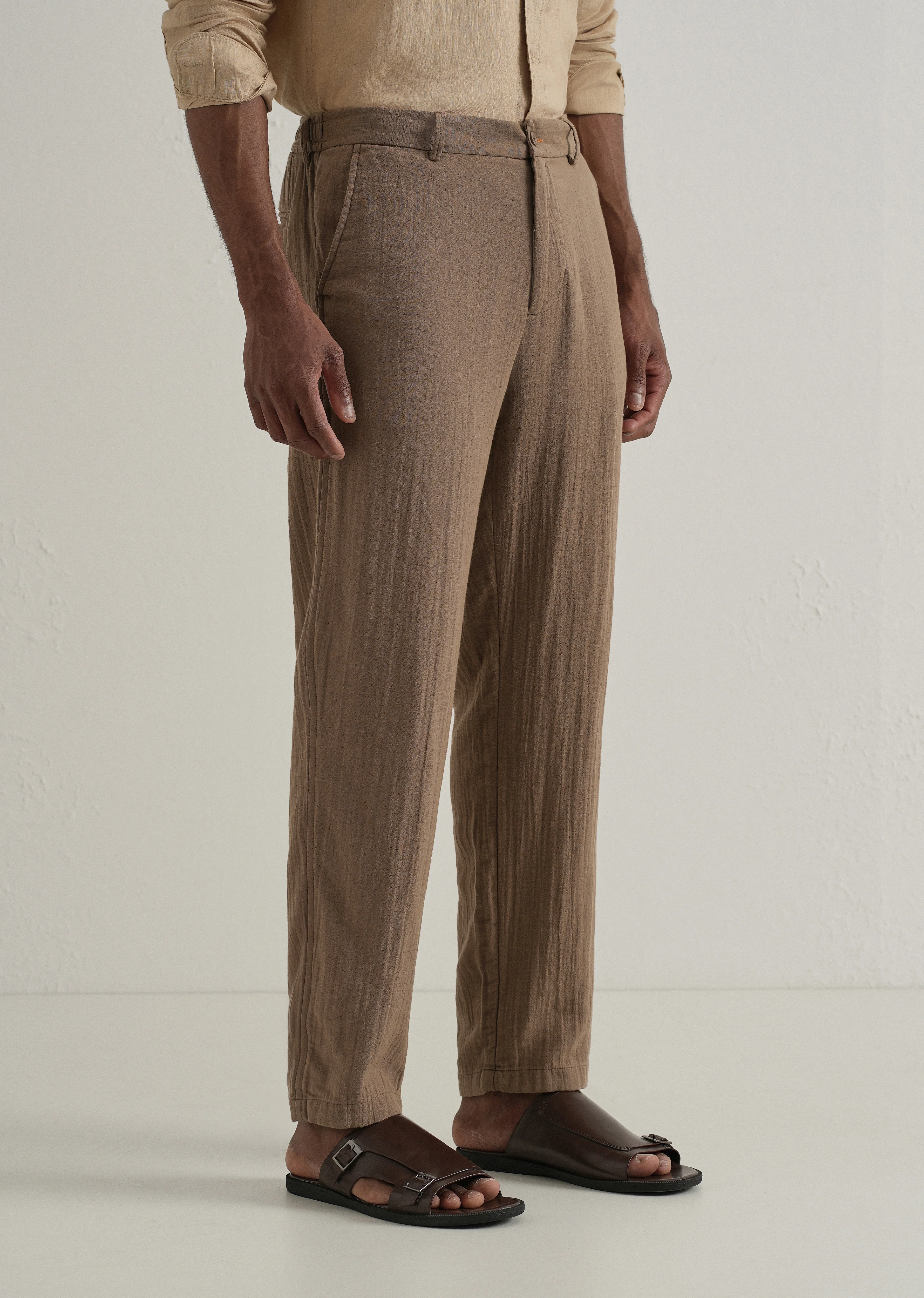 Brown Crinkled Cotton Trouser - Image 4