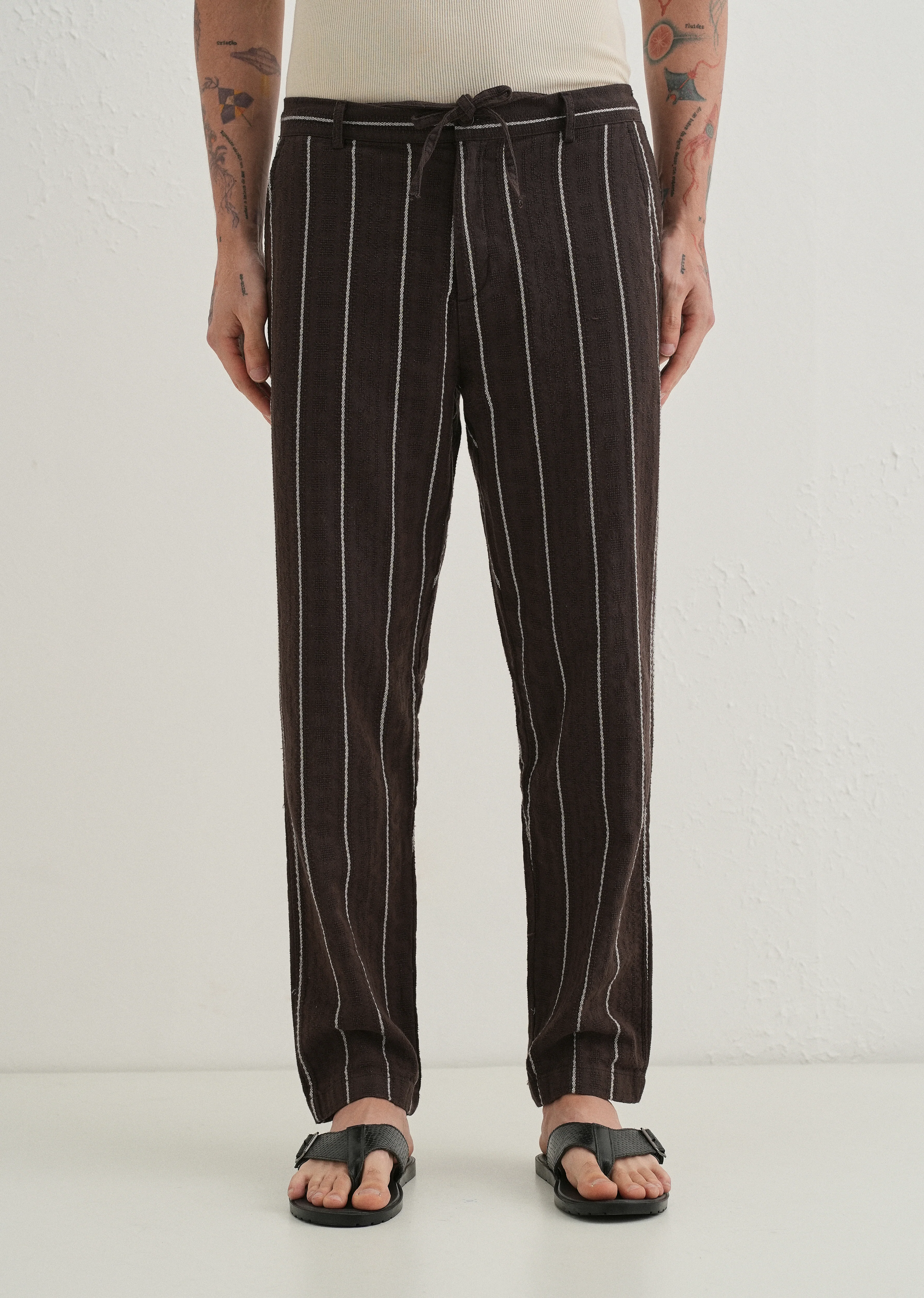 Brown Dobby Cotton Stripe Pants - Image 3