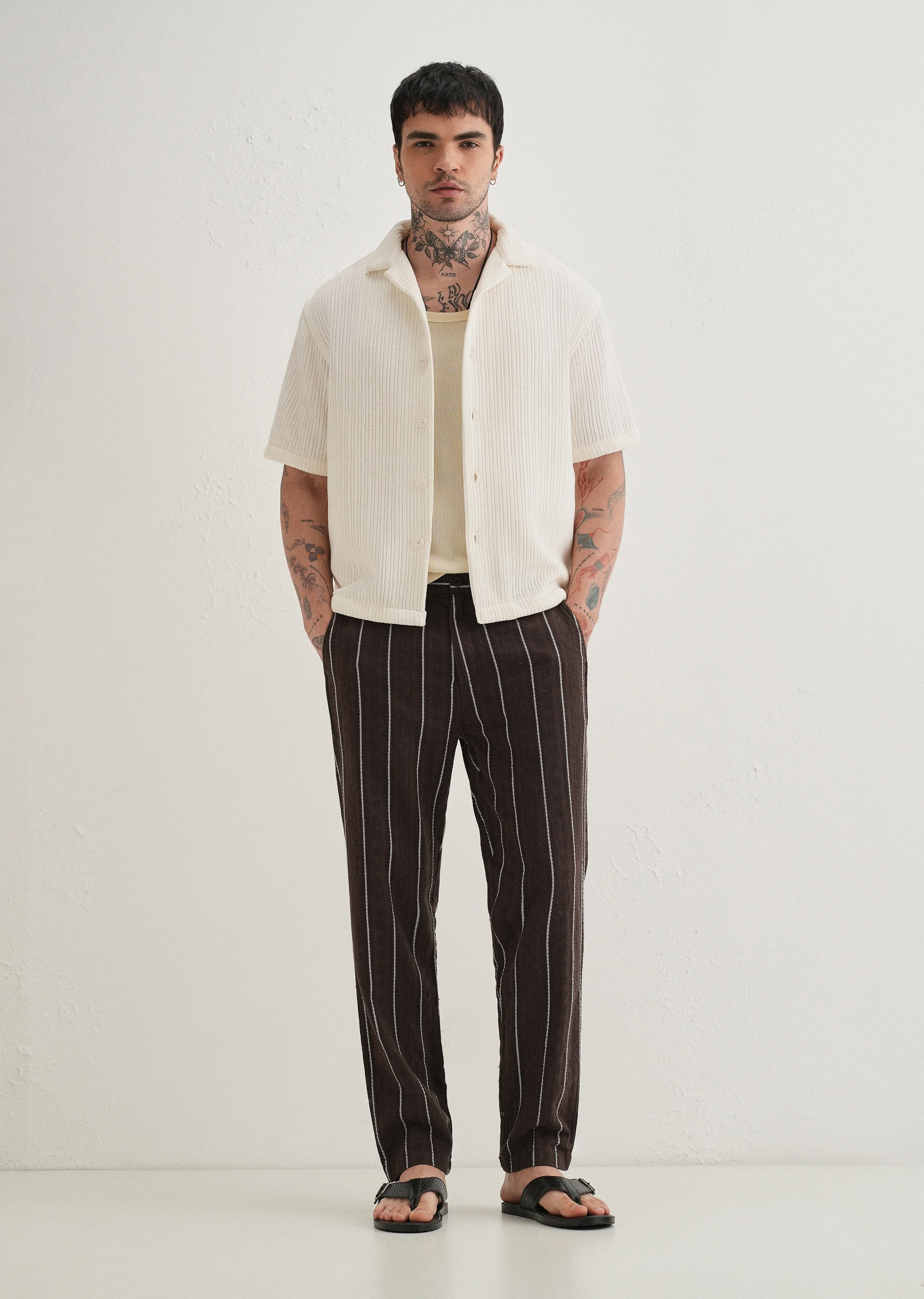 Brown Dobby Cotton Stripe Pants - Image 6