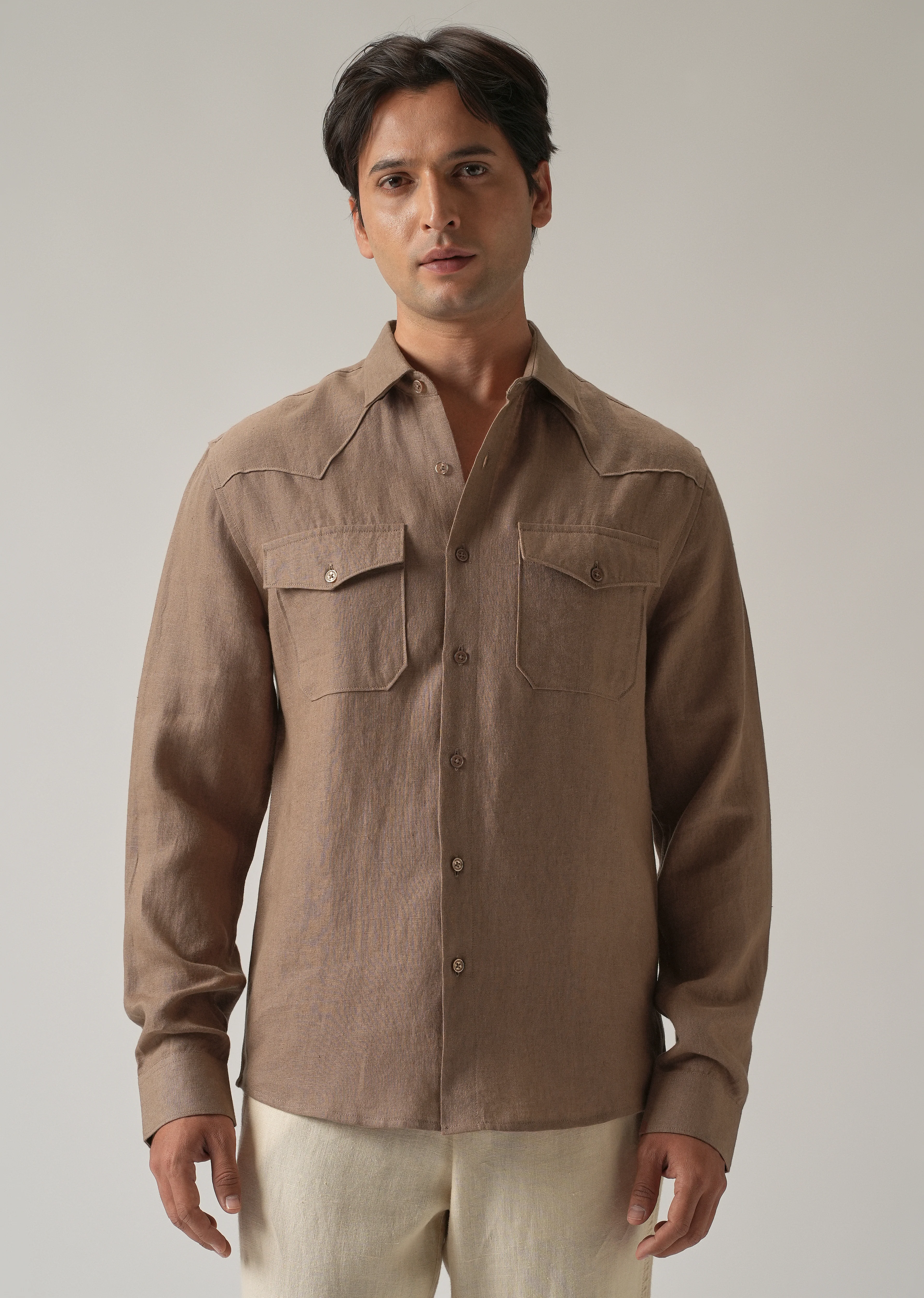 Brown Double Pocket 100% Pure Irish Linen Shirt - Image 4