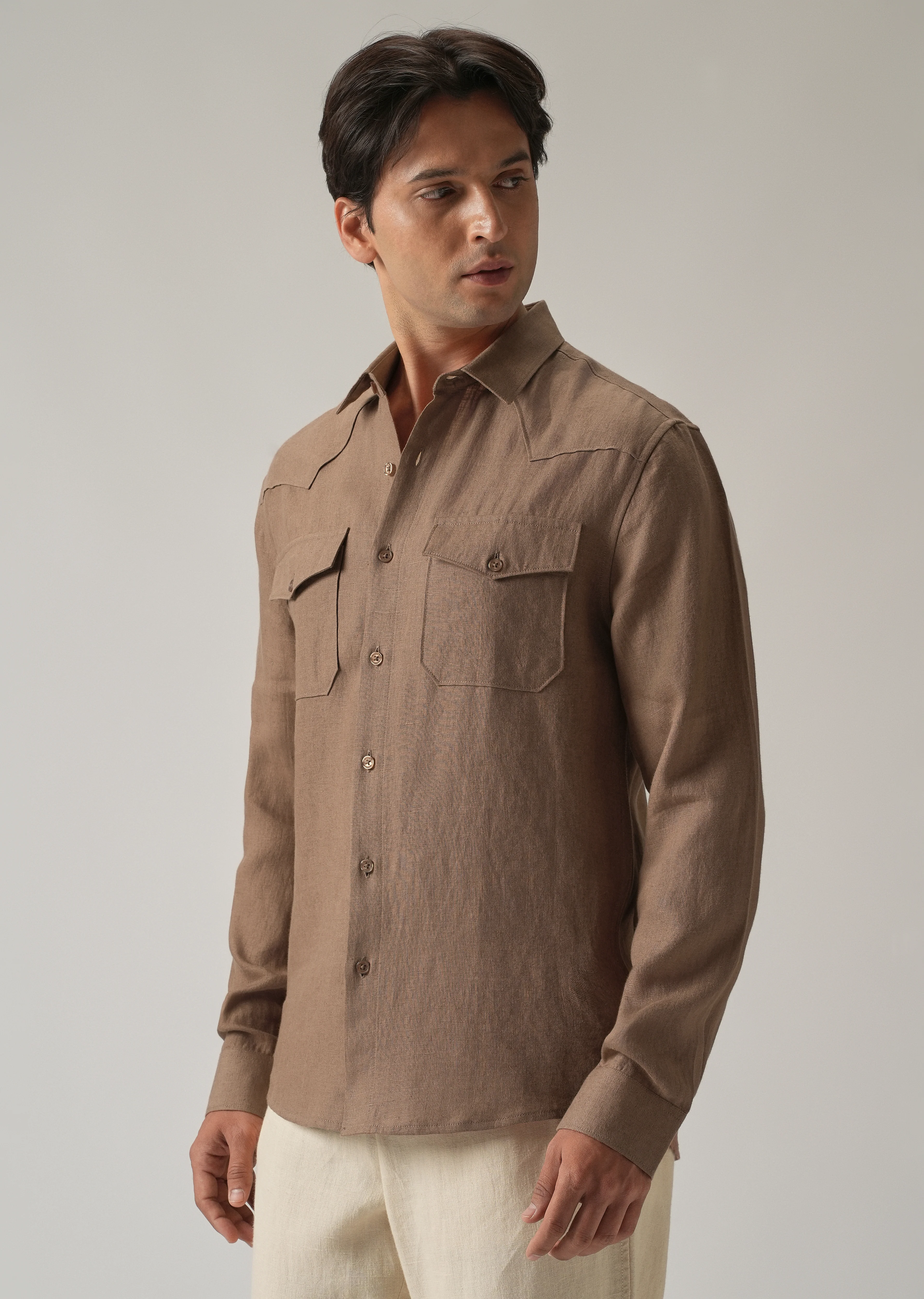 Brown Double Pocket 100% Pure Irish Linen Shirt - Image 5