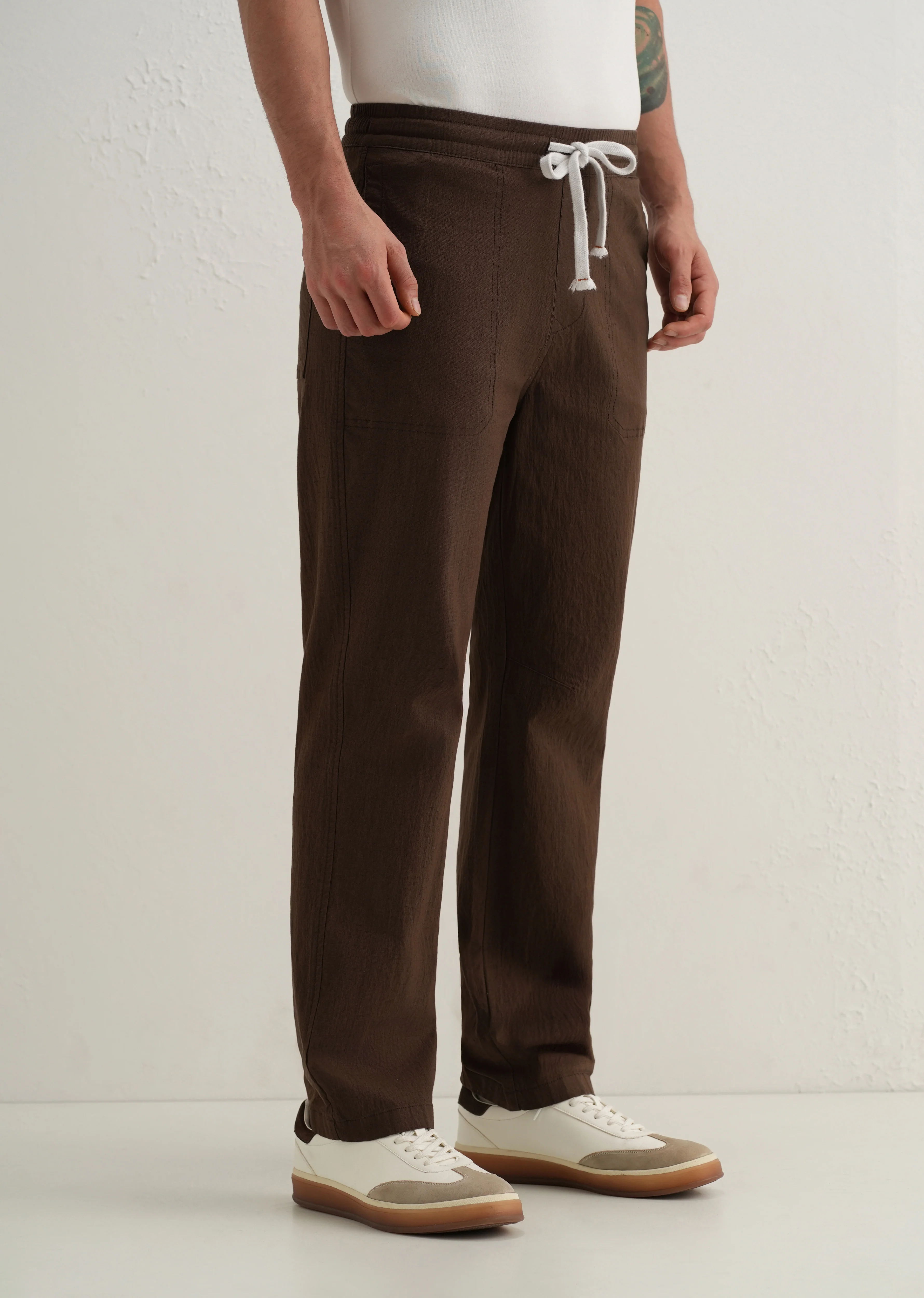 Brown Drawstring Cotton Linen Pant - Image 4