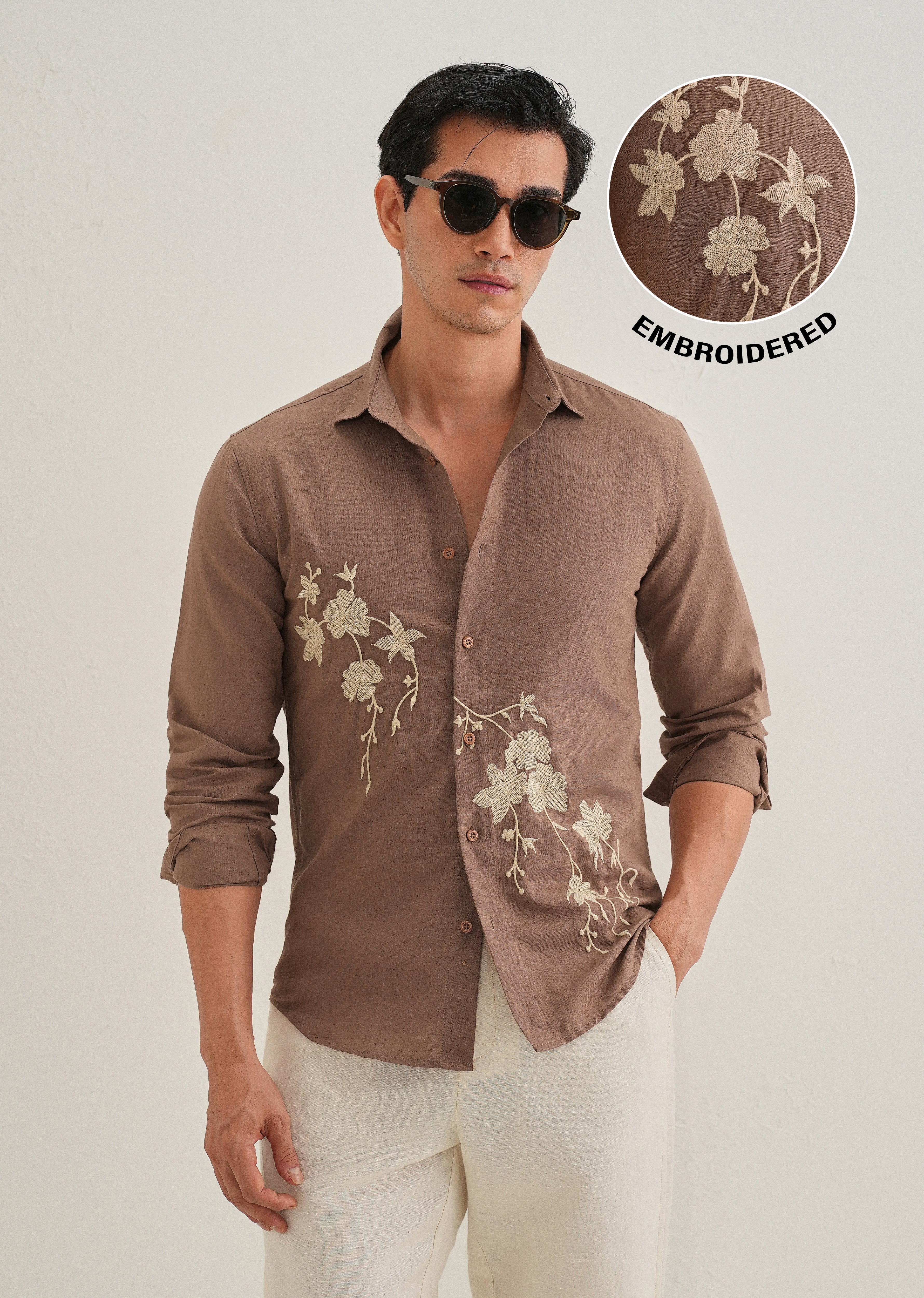 Brown Floral Embroidered Cuban Collar Shirt - Image 2