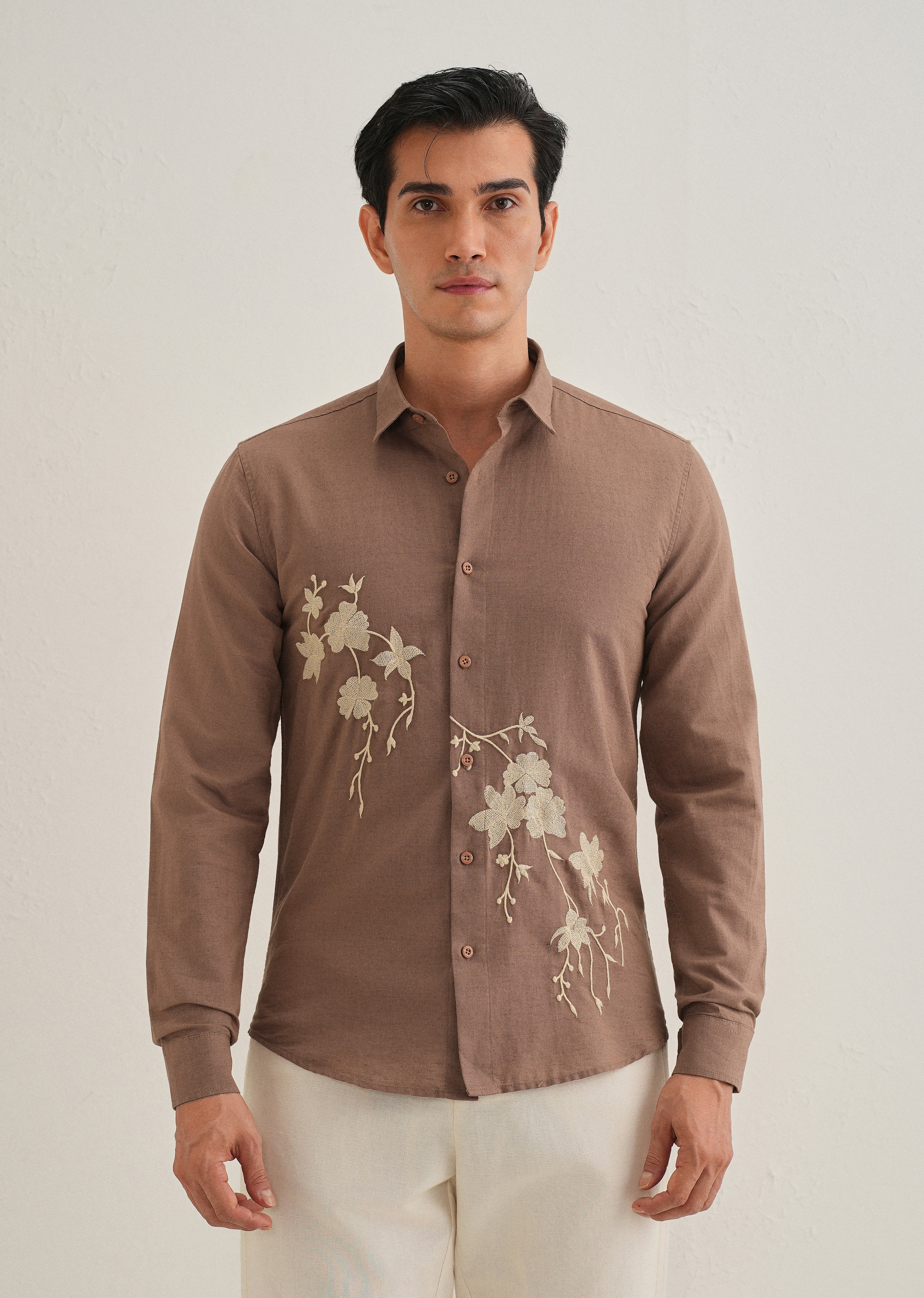 Brown Floral Embroidered Cuban Collar Shirt - Image 4
