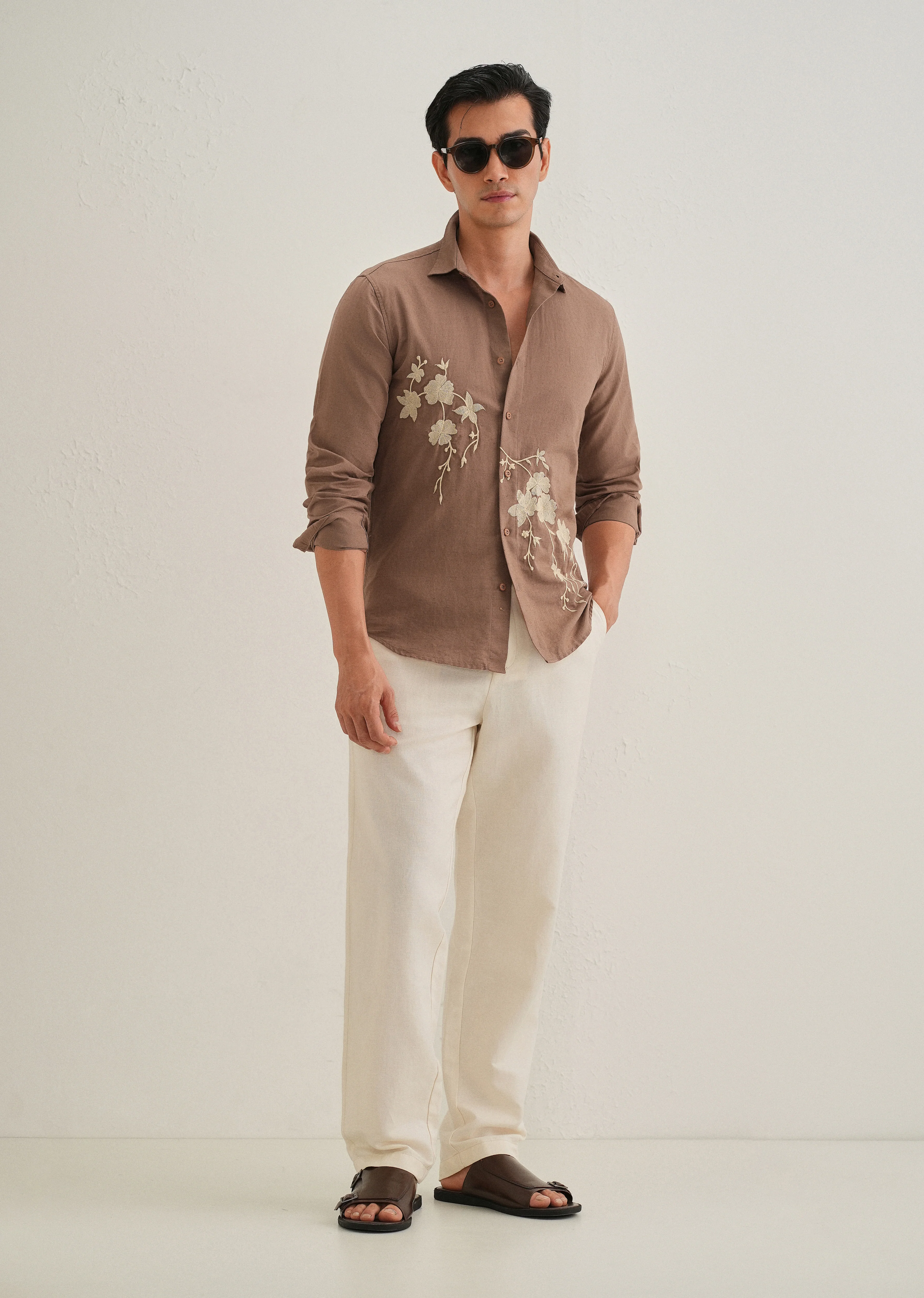 Brown Floral Embroidered Cuban Collar Shirt - Image 8