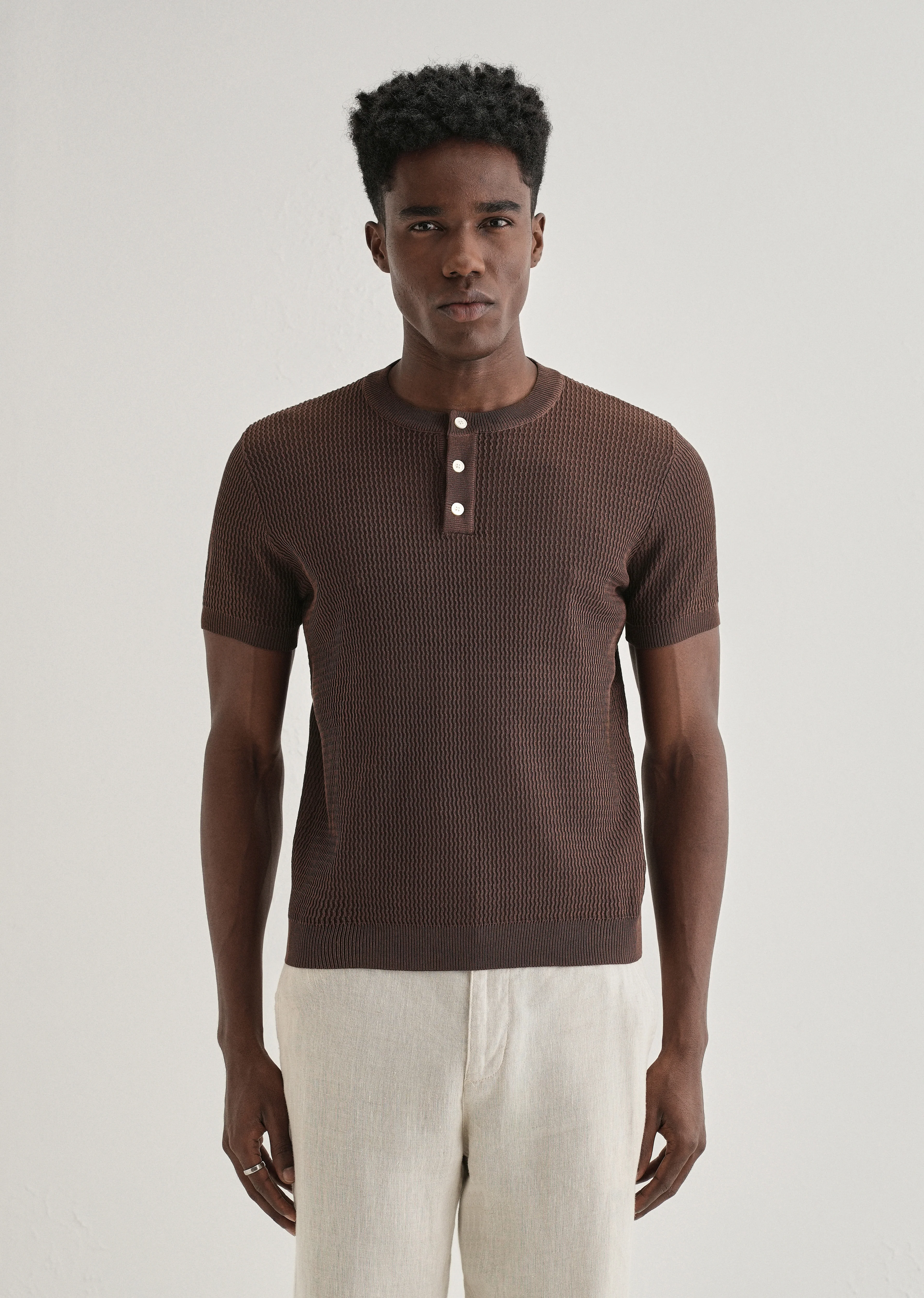 Brown Henley Neck Knitted T-shirt - Image 3