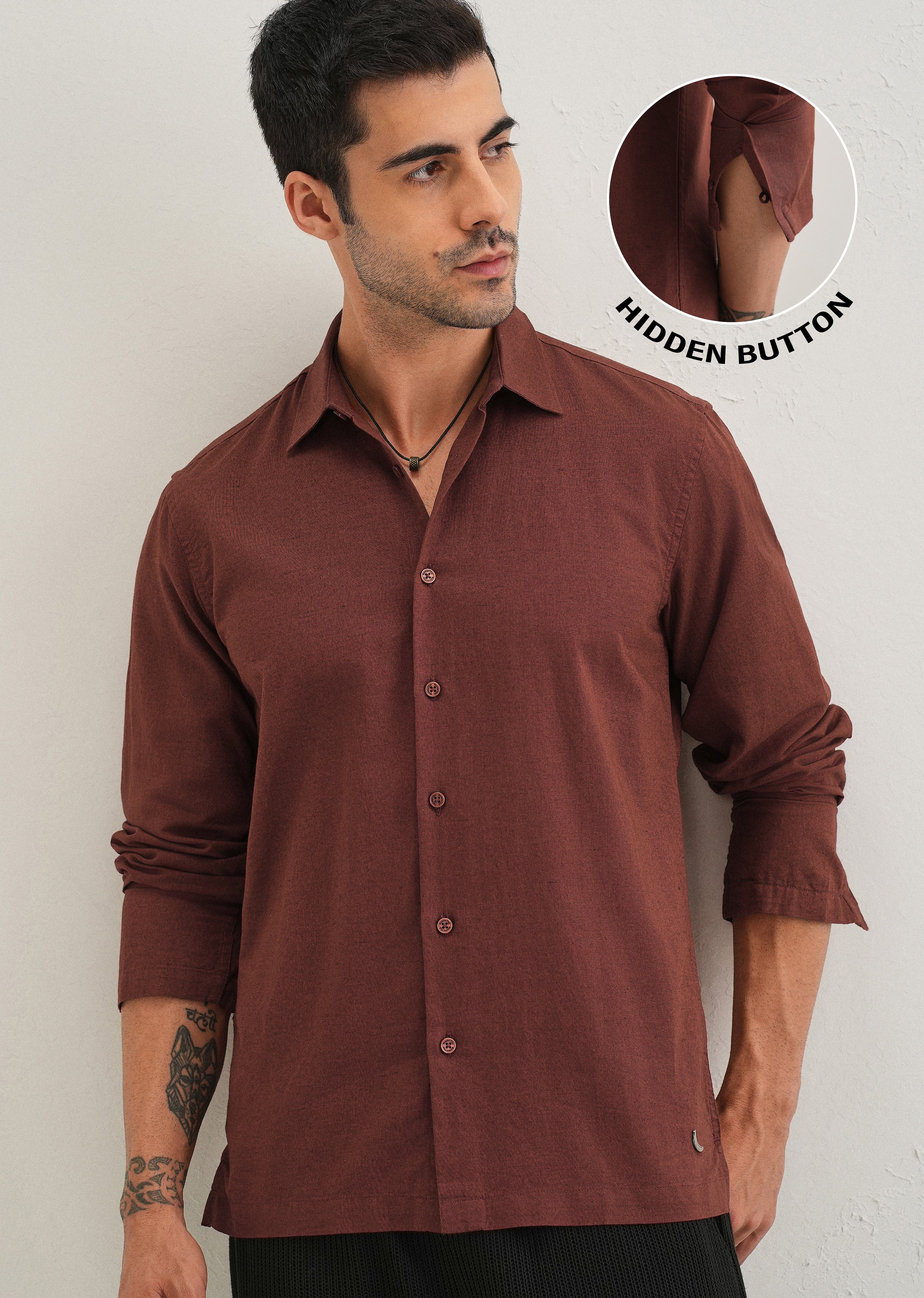 Brown Hidden Sleeve Placket Cotton Linen Shirt - Image 8