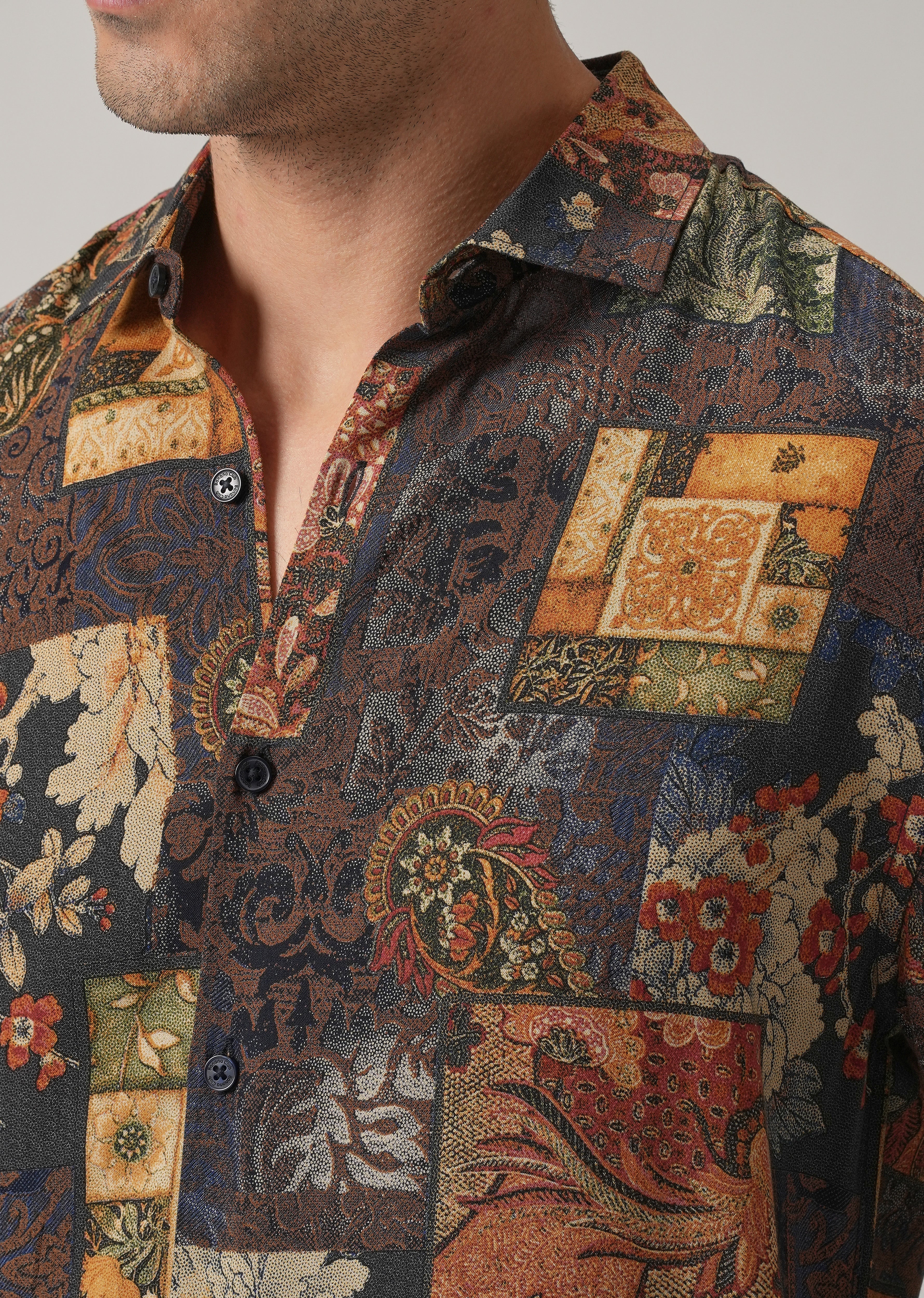 Brown Mosaic Print Feather Shirt - Image 5