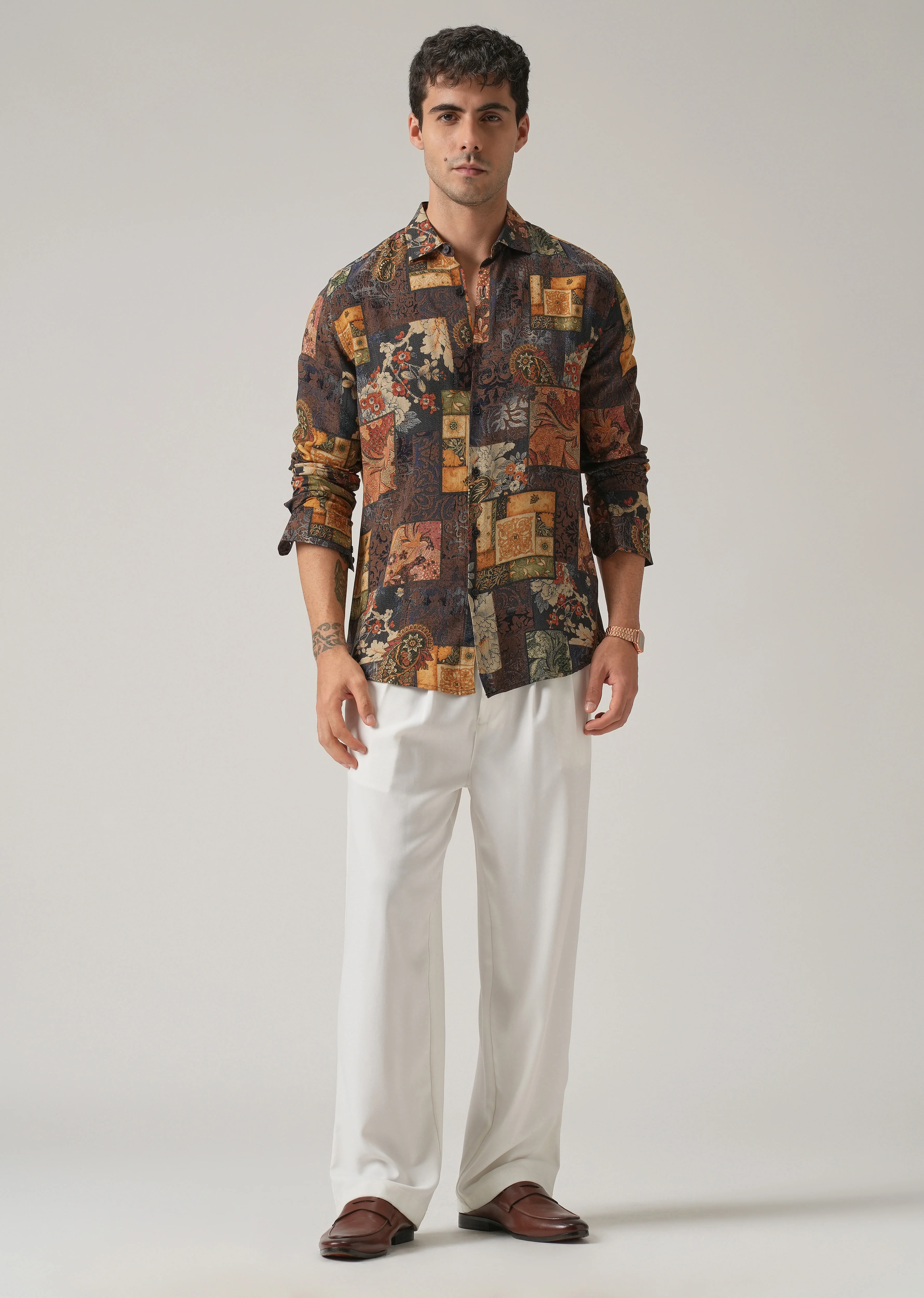 Brown Mosaic Print Feather Shirt - Image 6