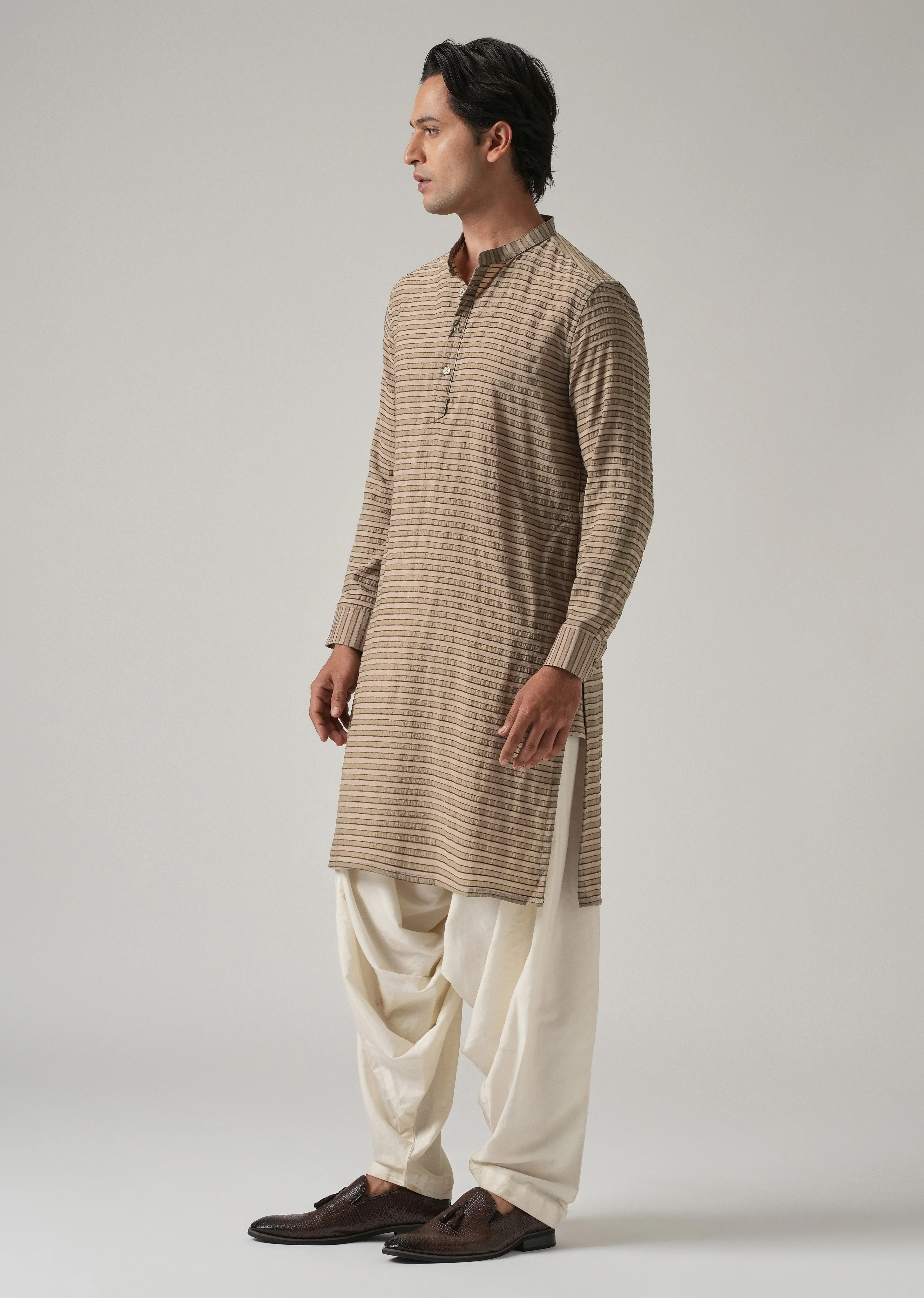 Brown Nylon Pin Stripe Kurta - Image 4