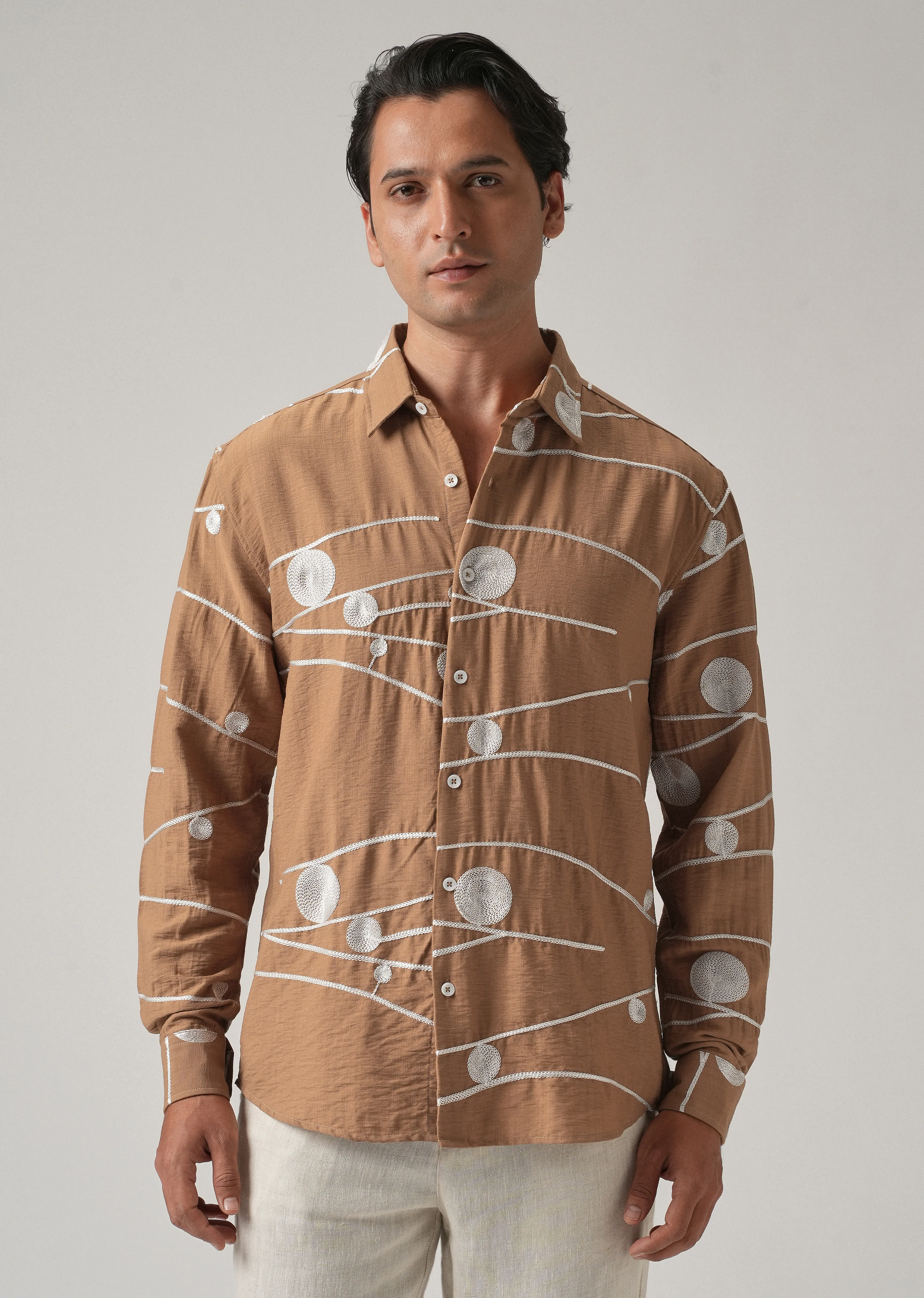 Brown Orb and Line Embroidery Shirt - Image 4