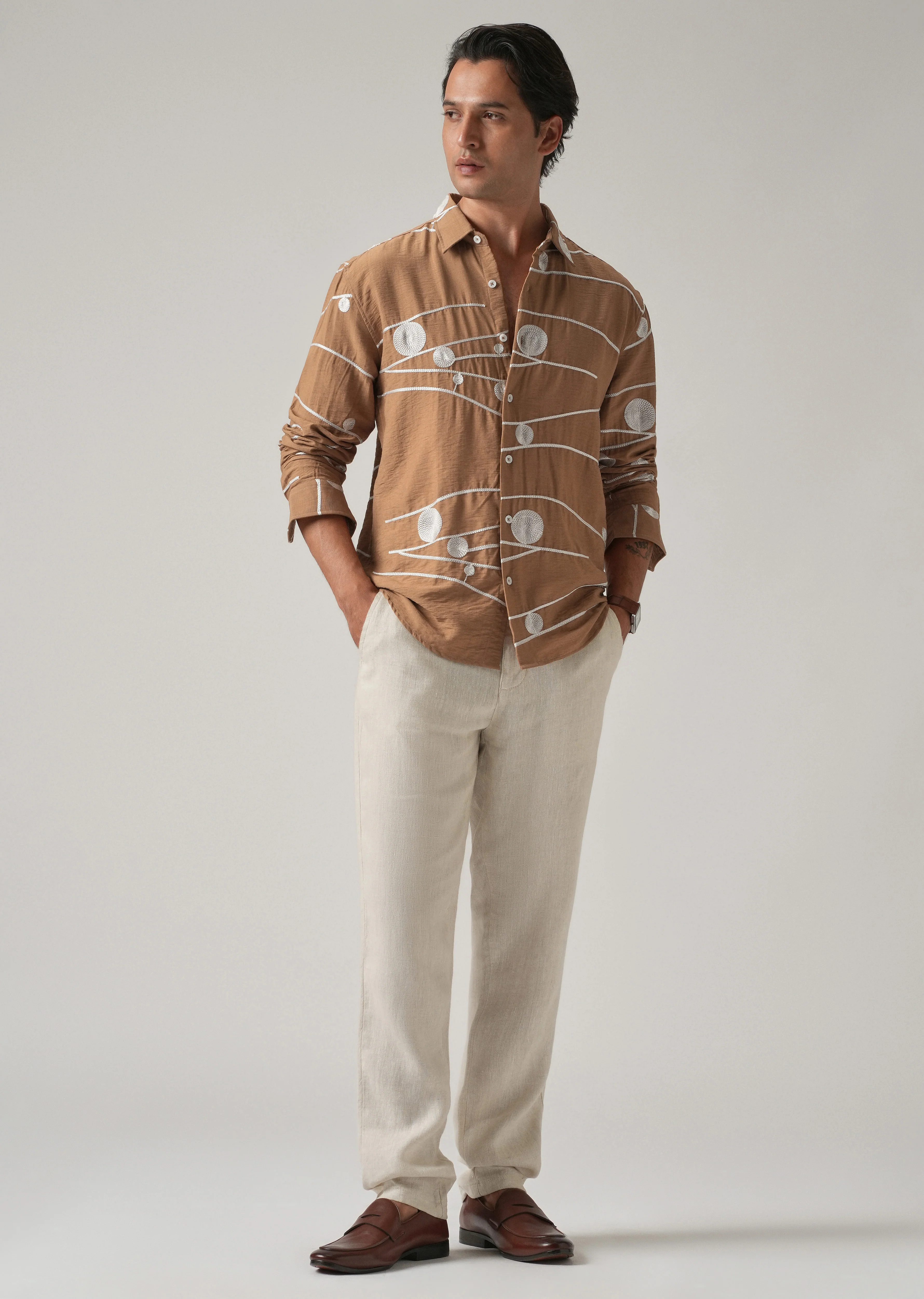 Brown Orb and Line Embroidery Shirt - Image 7