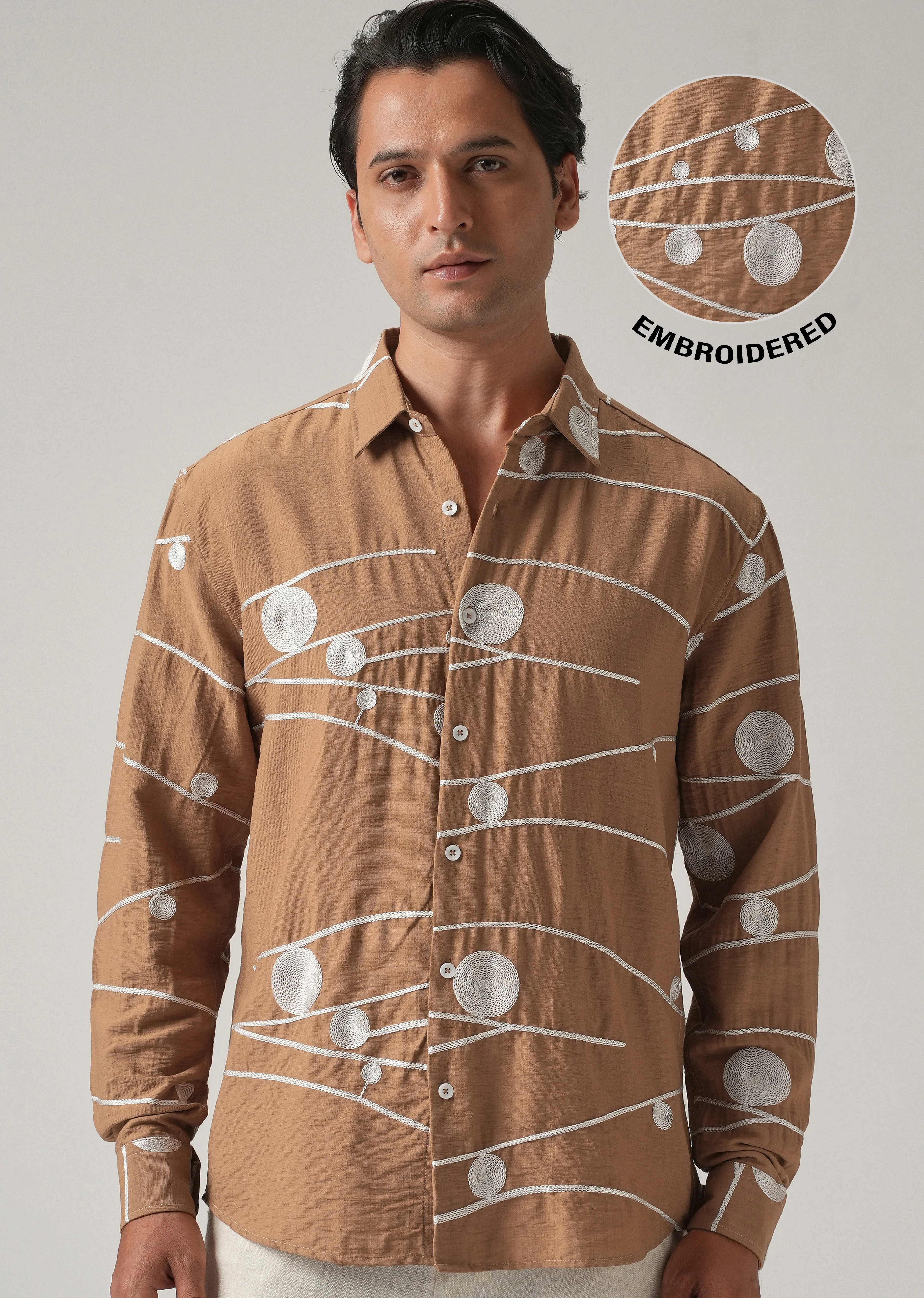 Brown Orb and Line Embroidery Shirt - Image 8