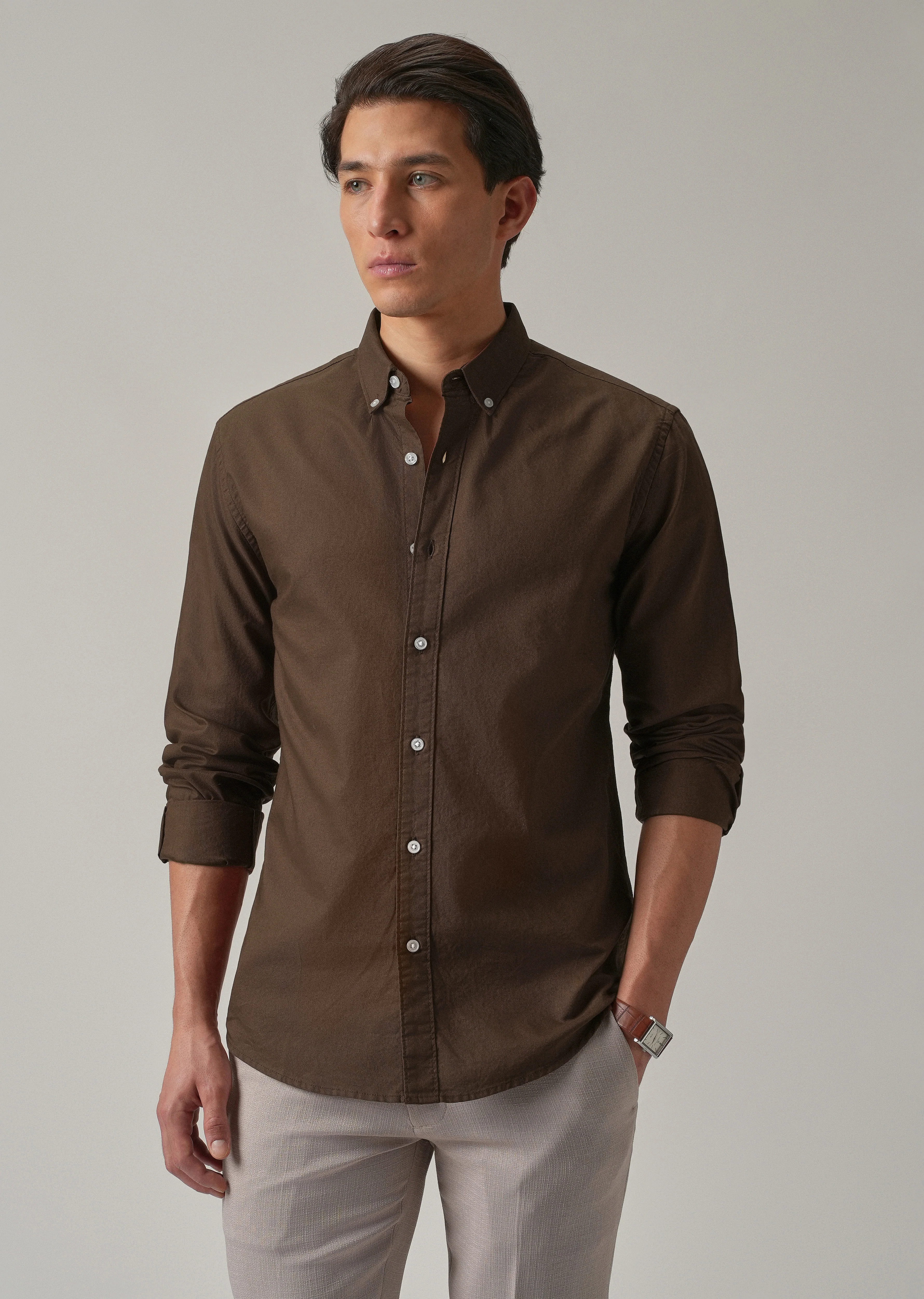 Brown Plain Elbow Patch Oxford Shirt - Image 7