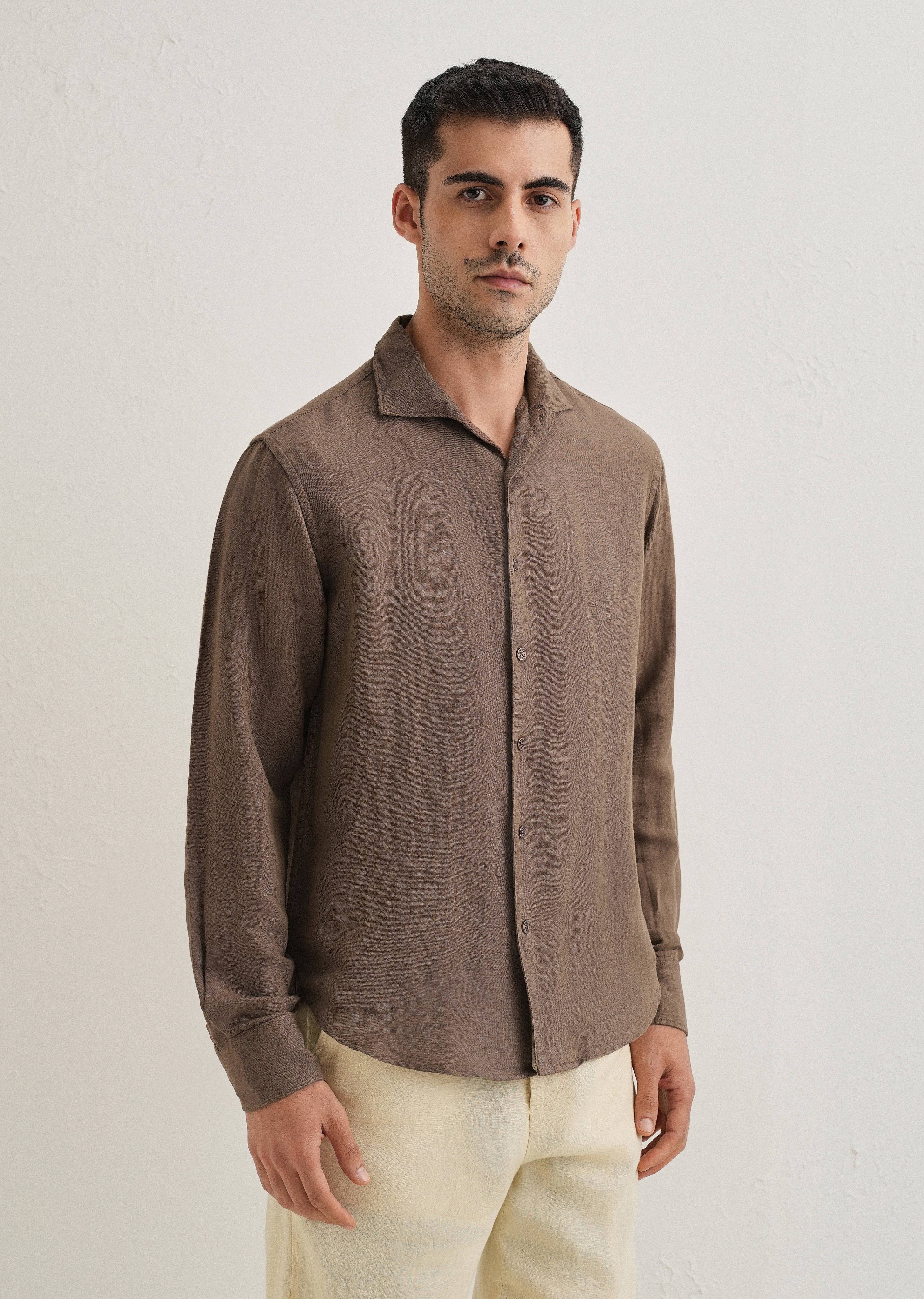 Brown Plain Linen Viscose Shirt - Image 5