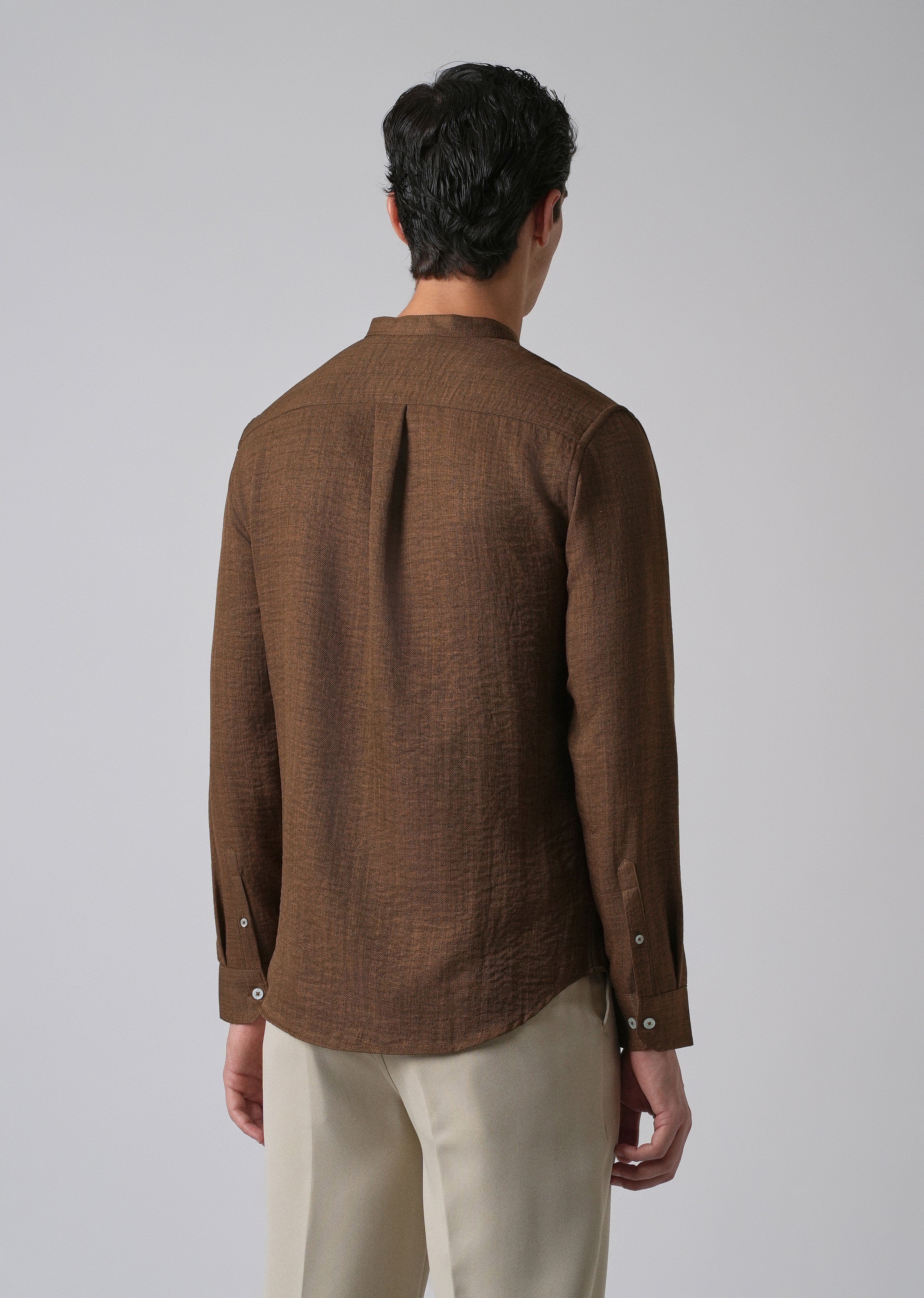Brown Plain Mandarin Collar Shirt - Image 2