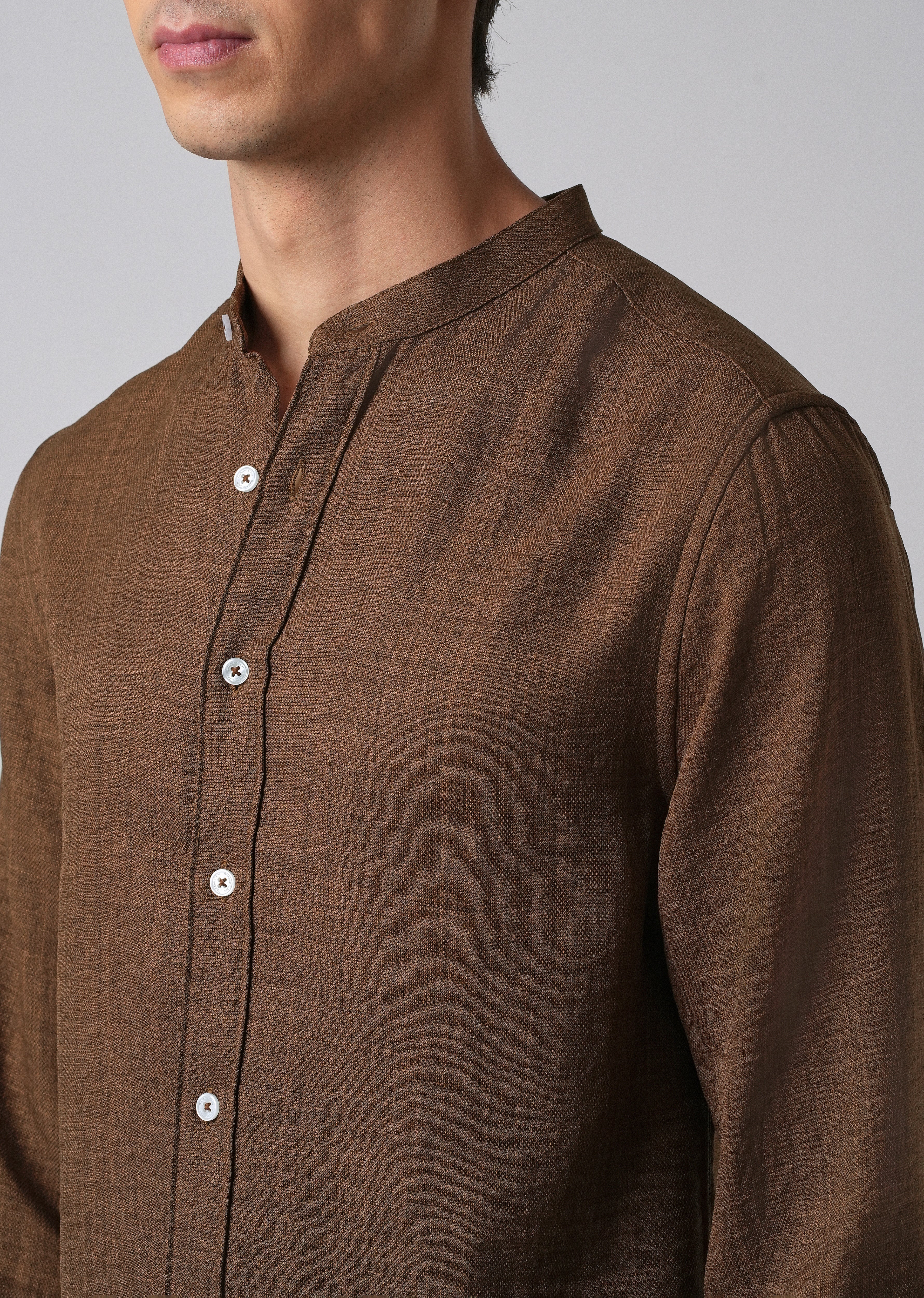 Brown Plain Mandarin Collar Shirt - Image 5