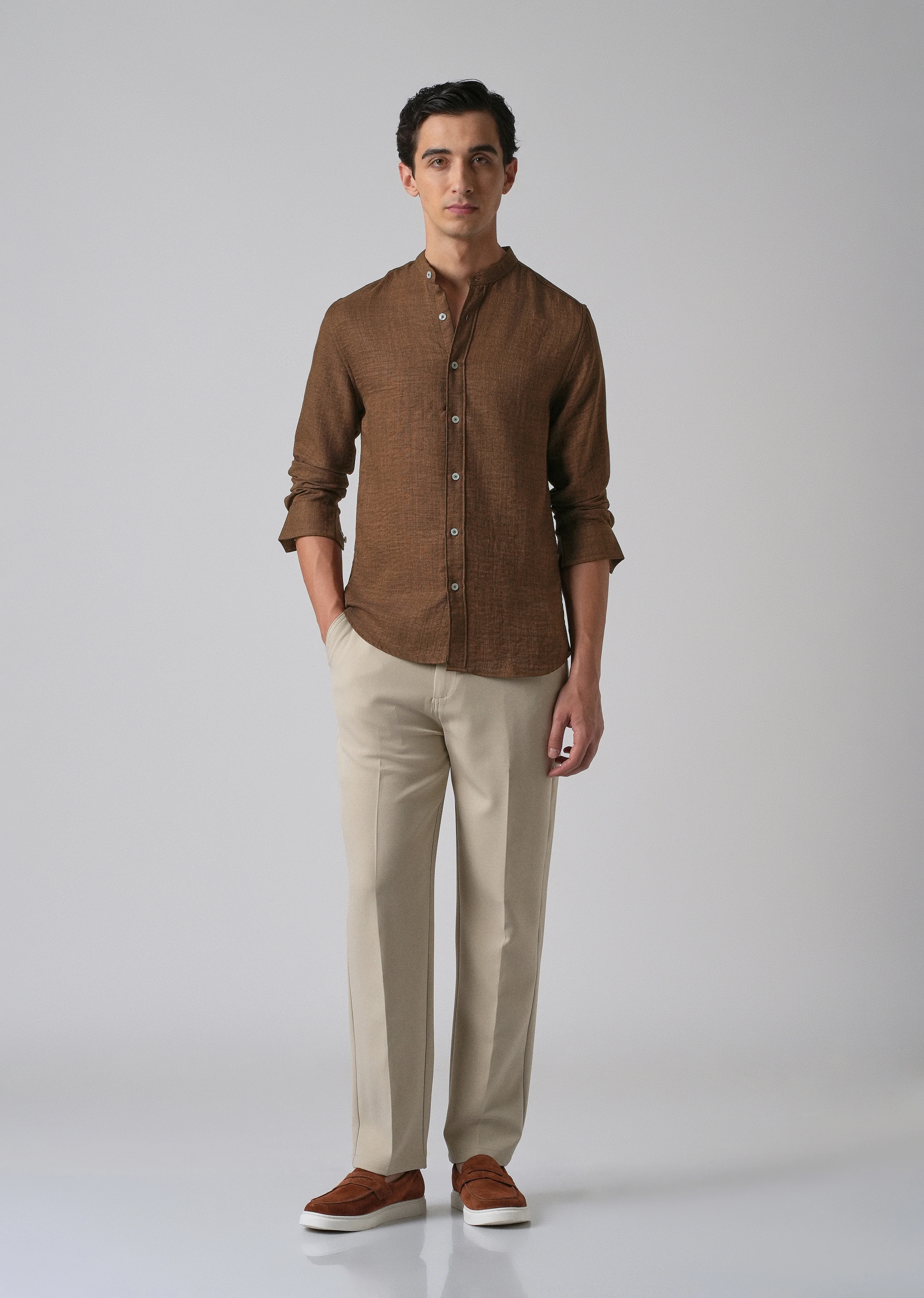Brown Plain Mandarin Collar Shirt - Image 6