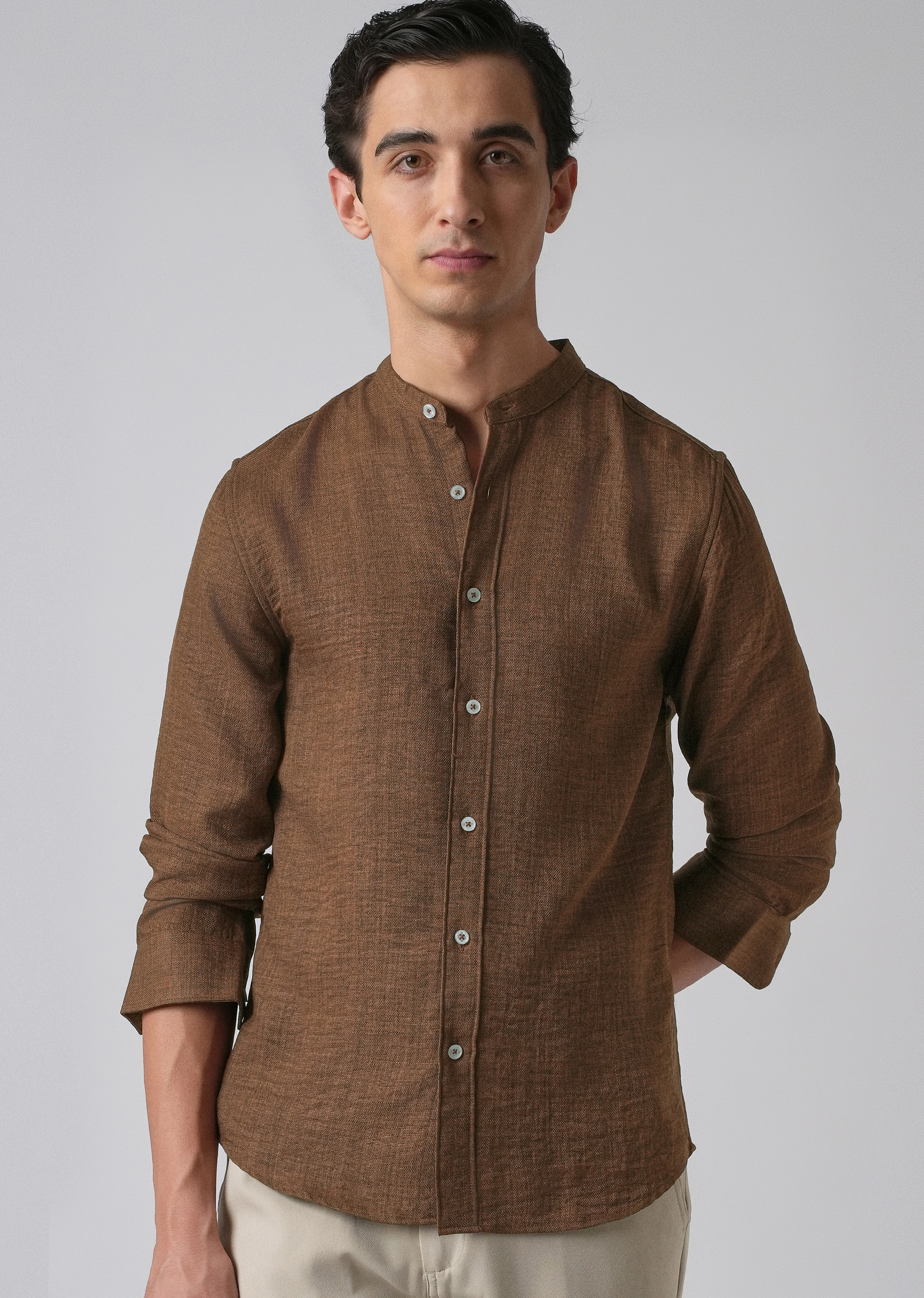 Brown Plain Mandarin Collar Shirt - Image 7